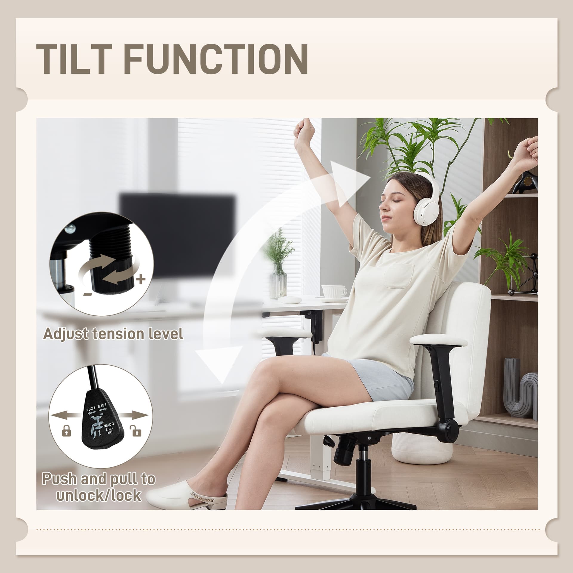 Criss Cross Chair with Flip-up Armrests, Wheels, Wide Office Chair with Adjustable Height, Tilting, Cream White