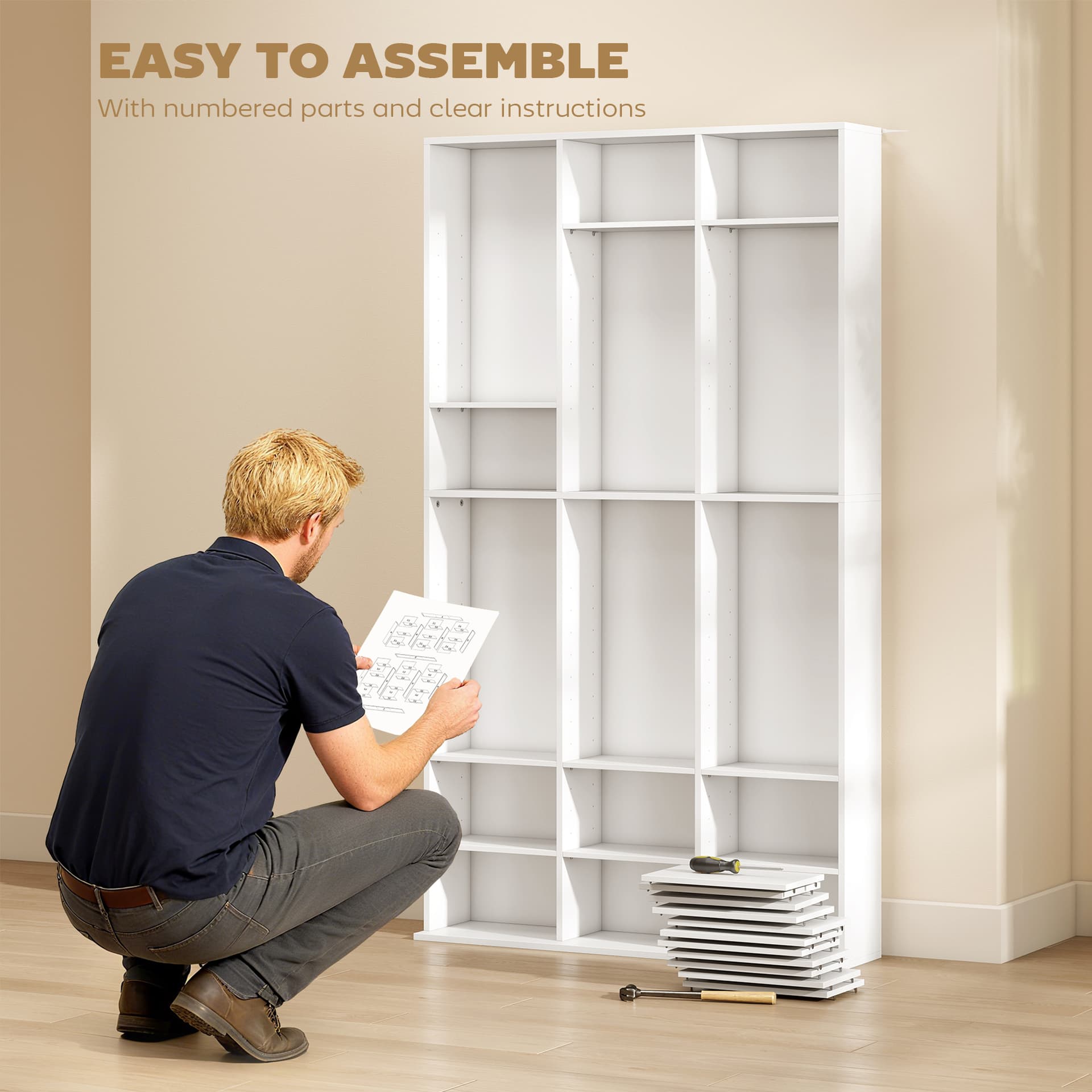 Media Storage Cabinet, 9-Tier DVD Shelf with 21 Adjustable Shelves, Holds 835 CDs, 500 DVDs or 640 Blu-rays, White