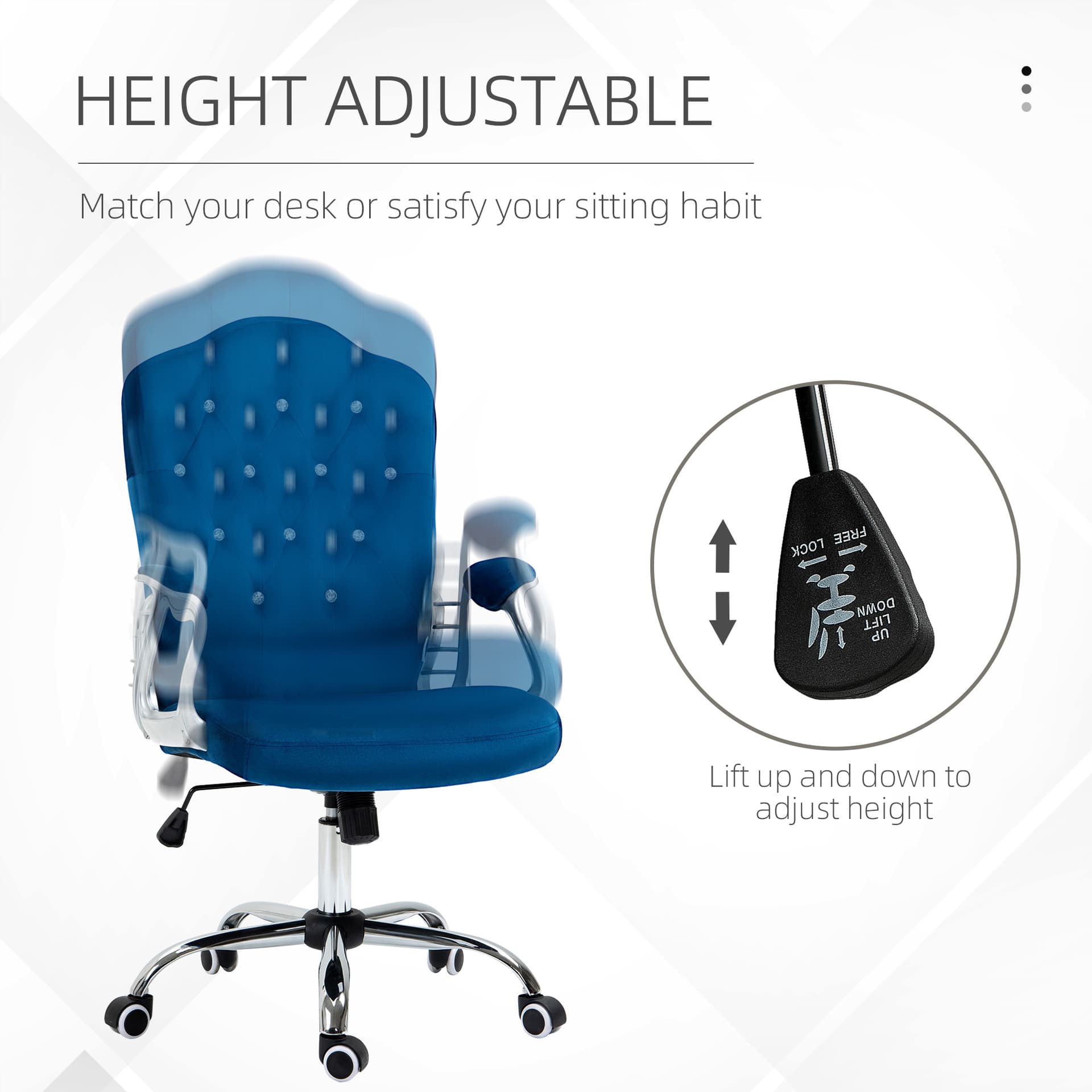 Office Chair, Velvet Computer Desk Chair with Swivel Wheels, Adjustable Height, Tilt Function, Button Tufted, Blue