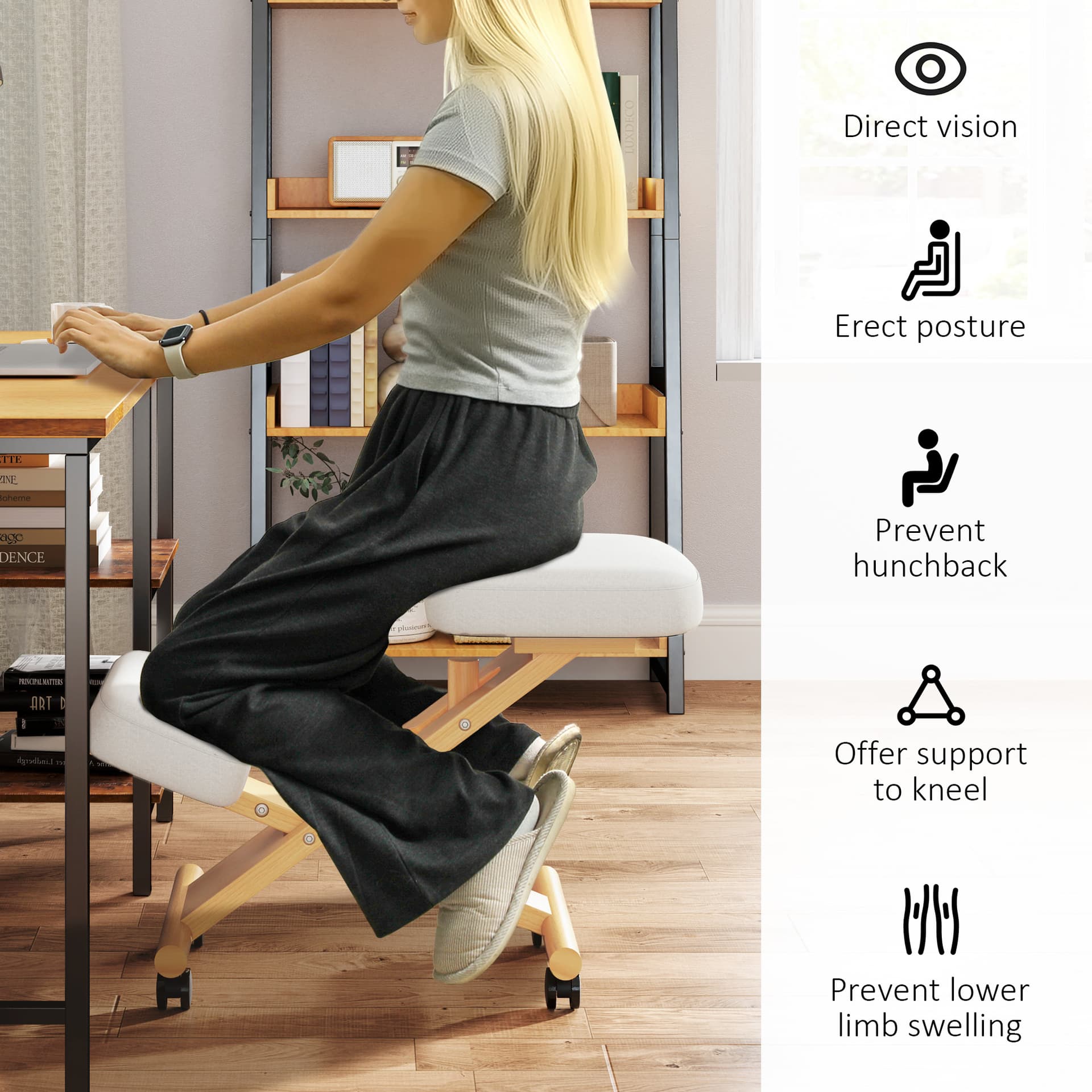 Ergonomic Kneeling Chair, Posture Chair with Rubberwood Frame, Wheels for Office, Posture Correction, Cream White