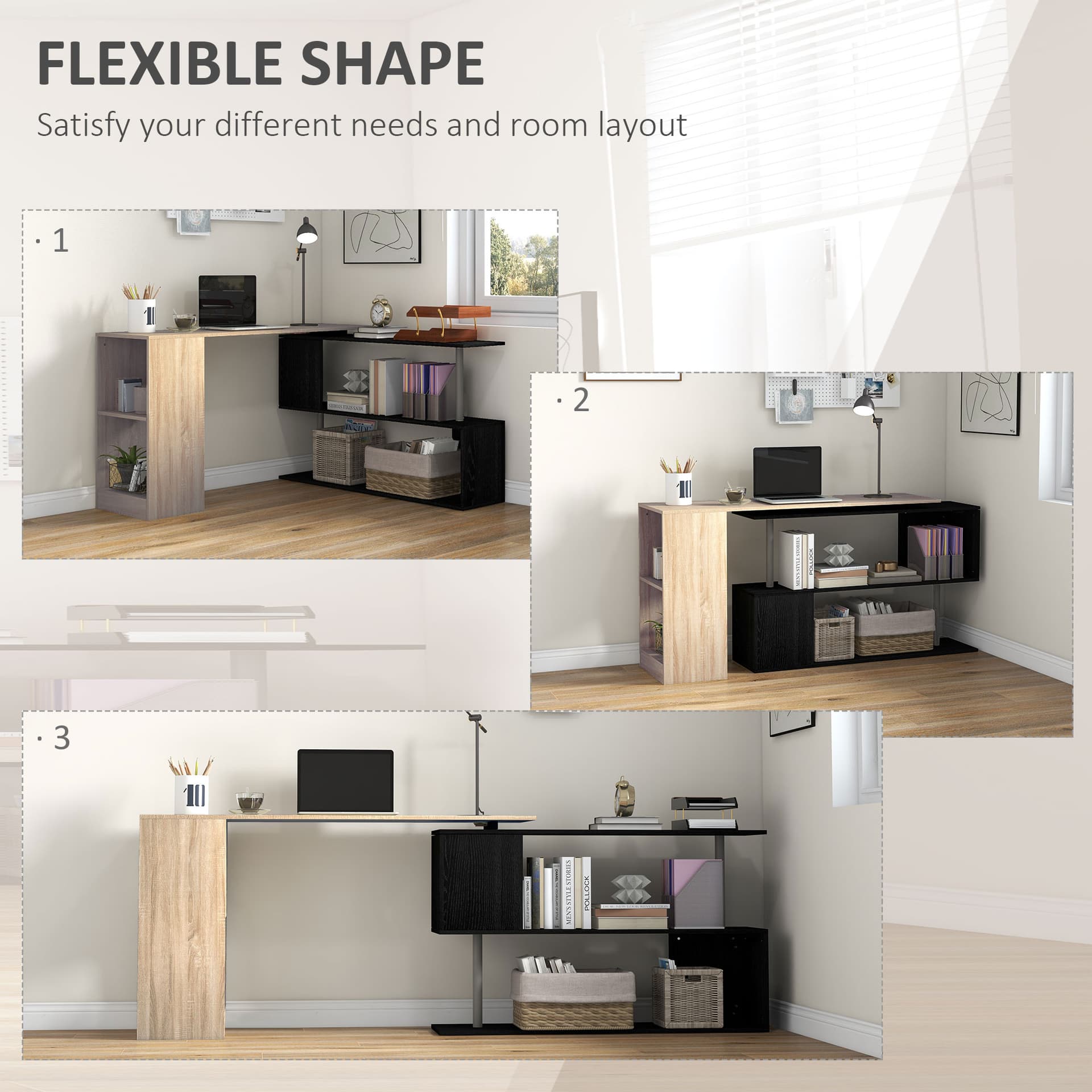 55" Corner Computer Desk, 360° Rotating L-Shaped Desk, Home Office Workstation with 3-Tier Shelves, Bookshelf