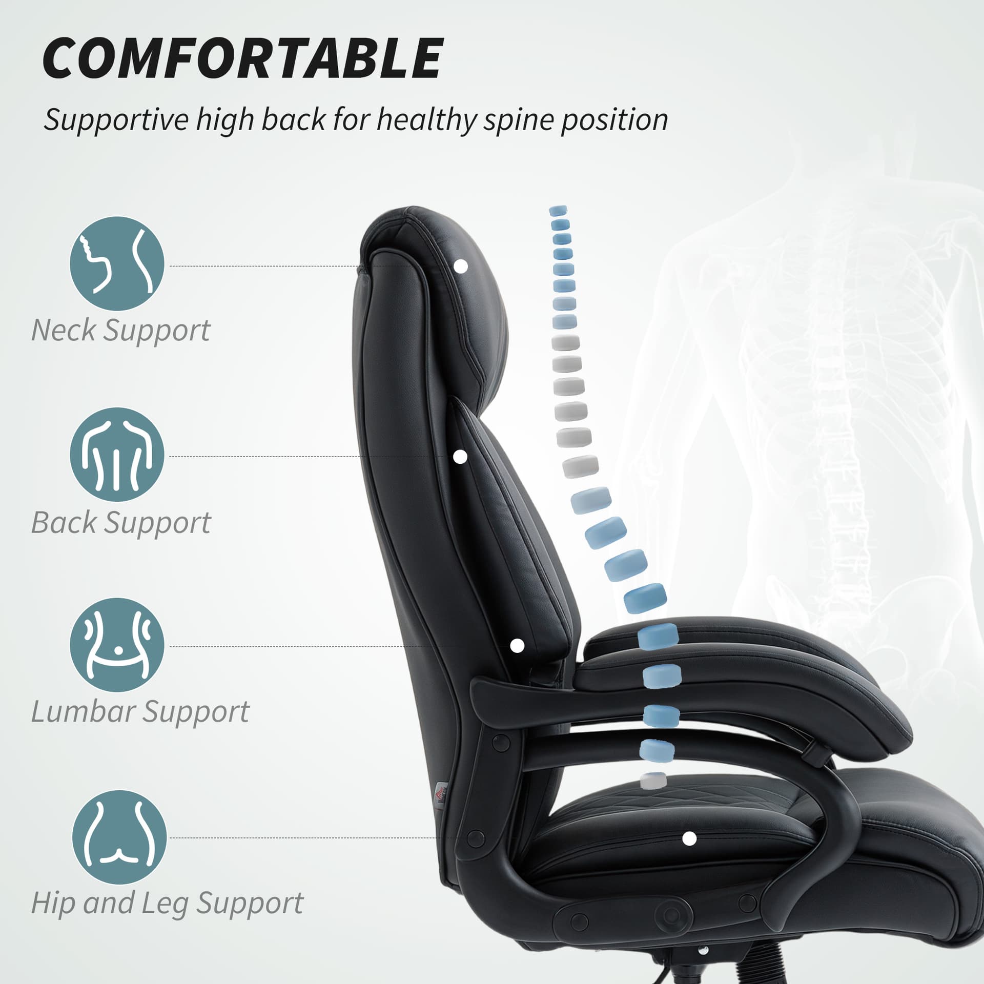 Office Chair with Spring Padding, PU Leather Computer Chair with Quiet Swivel Wheels, High Back, Black