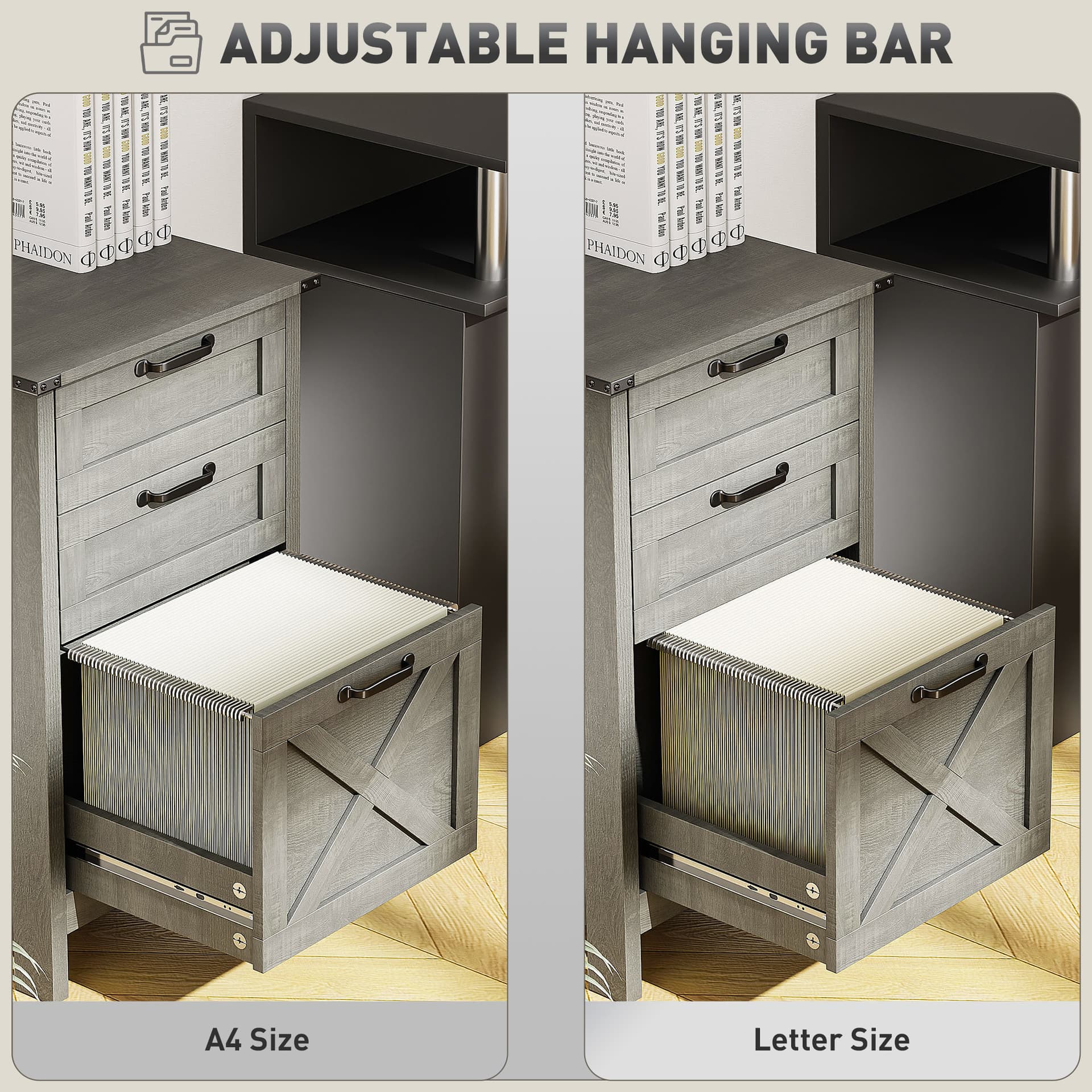 Vertical Filing Cabinet with 3 Drawers, Rustic Farmhouse Office Storage Cabinet for A4, Letter Size, Stone Grey