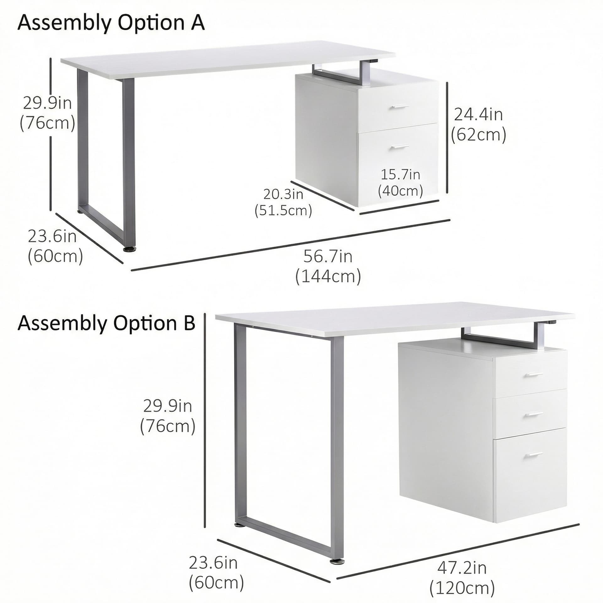 47" Computer Desk Writing Table Workstation with Multi-Use Reversible File Drawers Metal Frame Home Office Furniture, White
