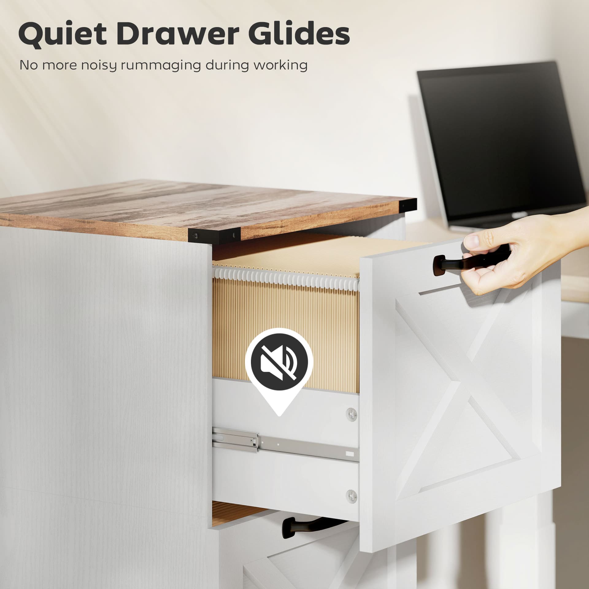 2 Drawer File Cabinet with Silent Slides, Vertical Farmhouse Filing Cabinet Fits Letter/A4 Size Home Office, White