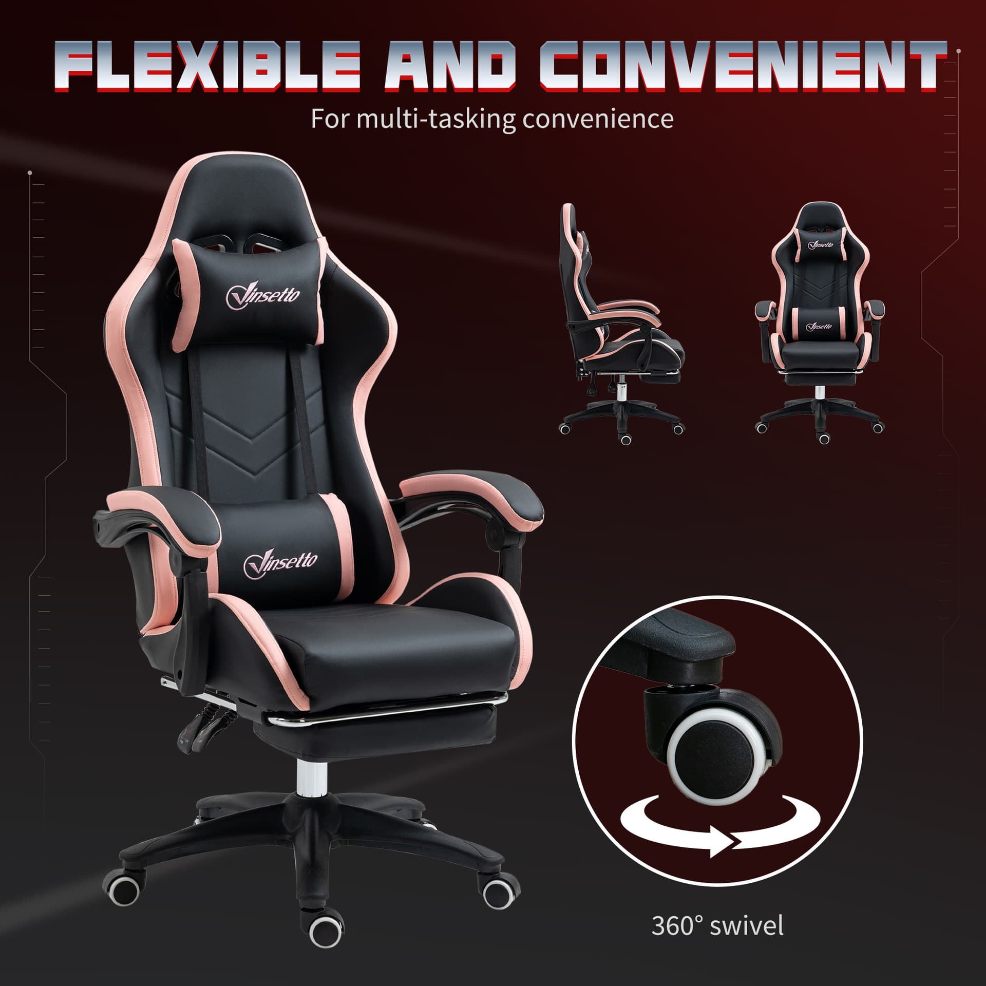 Computer Gaming Chair, PU Leather Office Desk Chair with Footrest, Swivel Wheels, 135° Reclining Back, Black