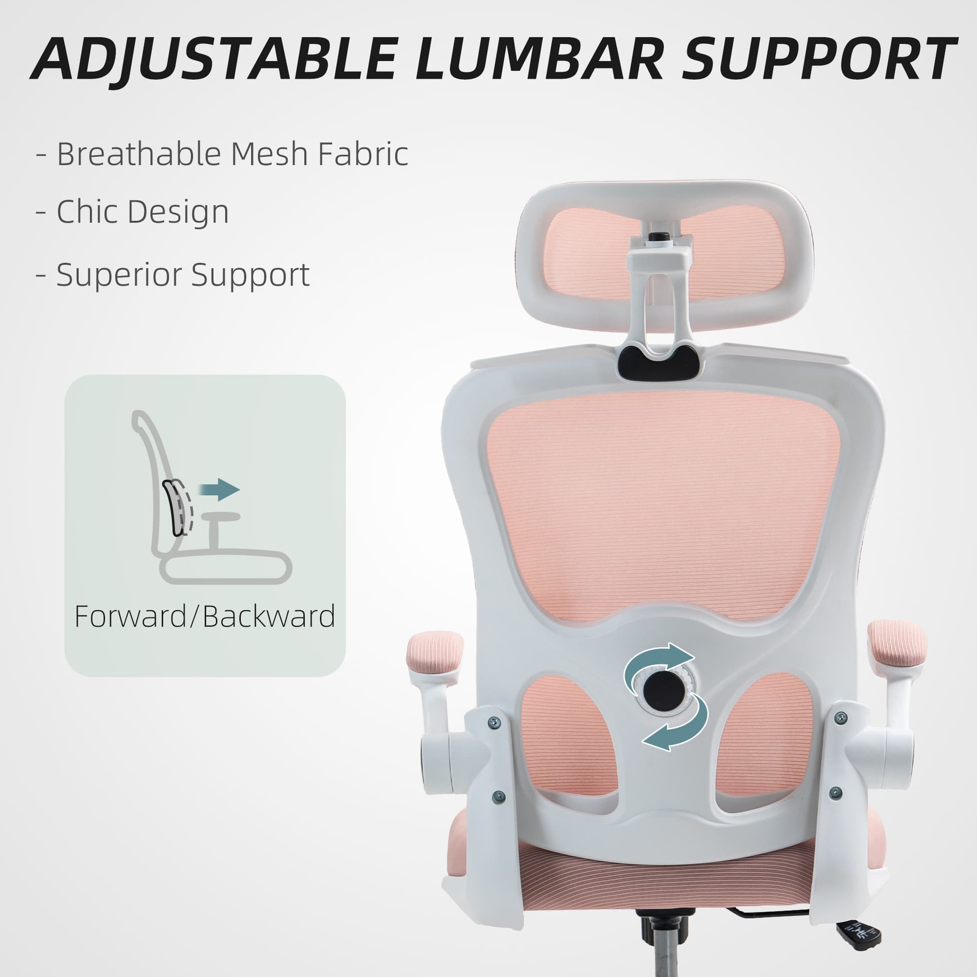 Mesh Office Chair, Ergonomic Desk Chair with Flip-up Armrest, Rotatable Headrest, Adjustable Lumbar Support, Pink