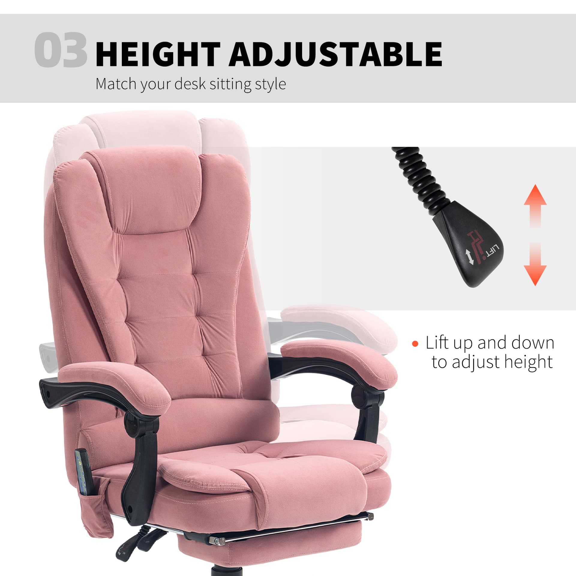 7-Point Vibrating Massage Chair, Reclining Office Chair with Footrest, Reclining Back, Adjustable Height, Pink