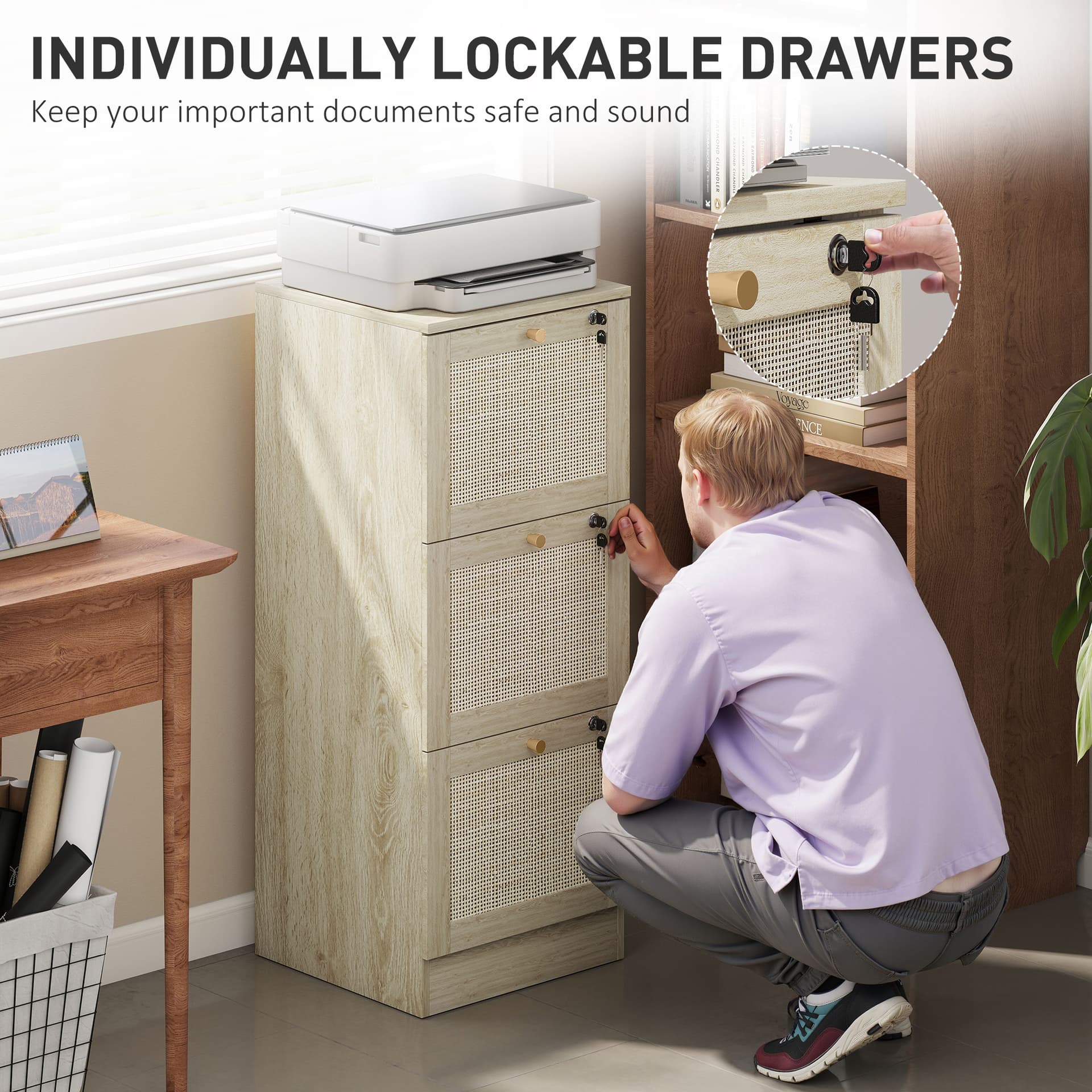 3 Drawer Filing Cabinet with Lock, Boho File Cabinet for A4 Letter Size Files with Decorative Rattan Accents, Oak