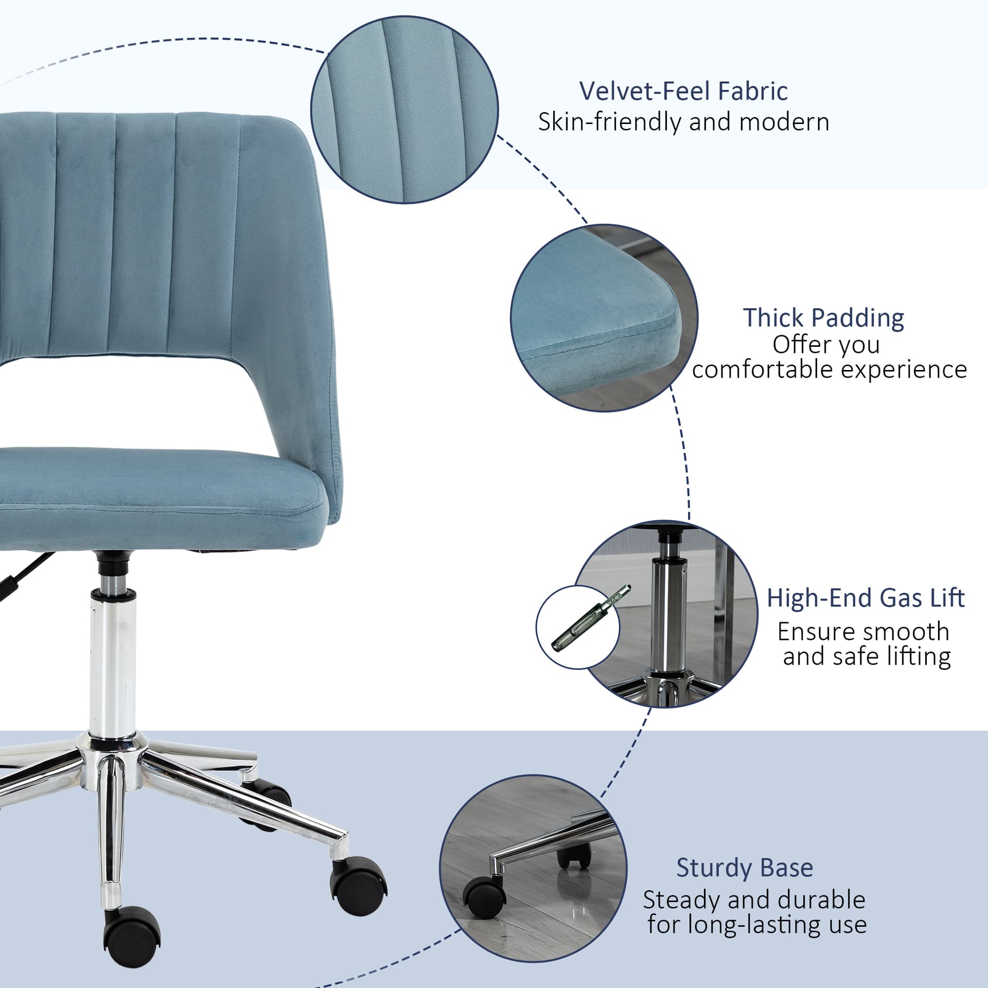 Mid Back Office Chair Velvet Fabric Swivel Scallop Shape Computer Desk Chair, Sky Blue