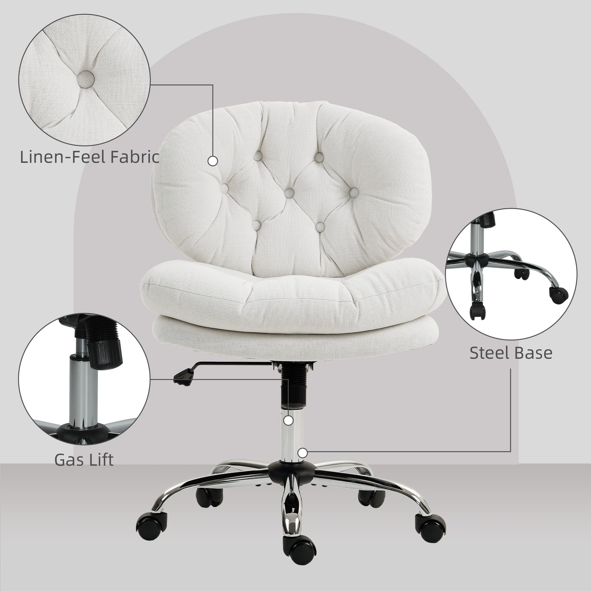 Computer Desk Chair, Armless Office Chair with Wide Padded Seat and Adjustable Height, Cream White