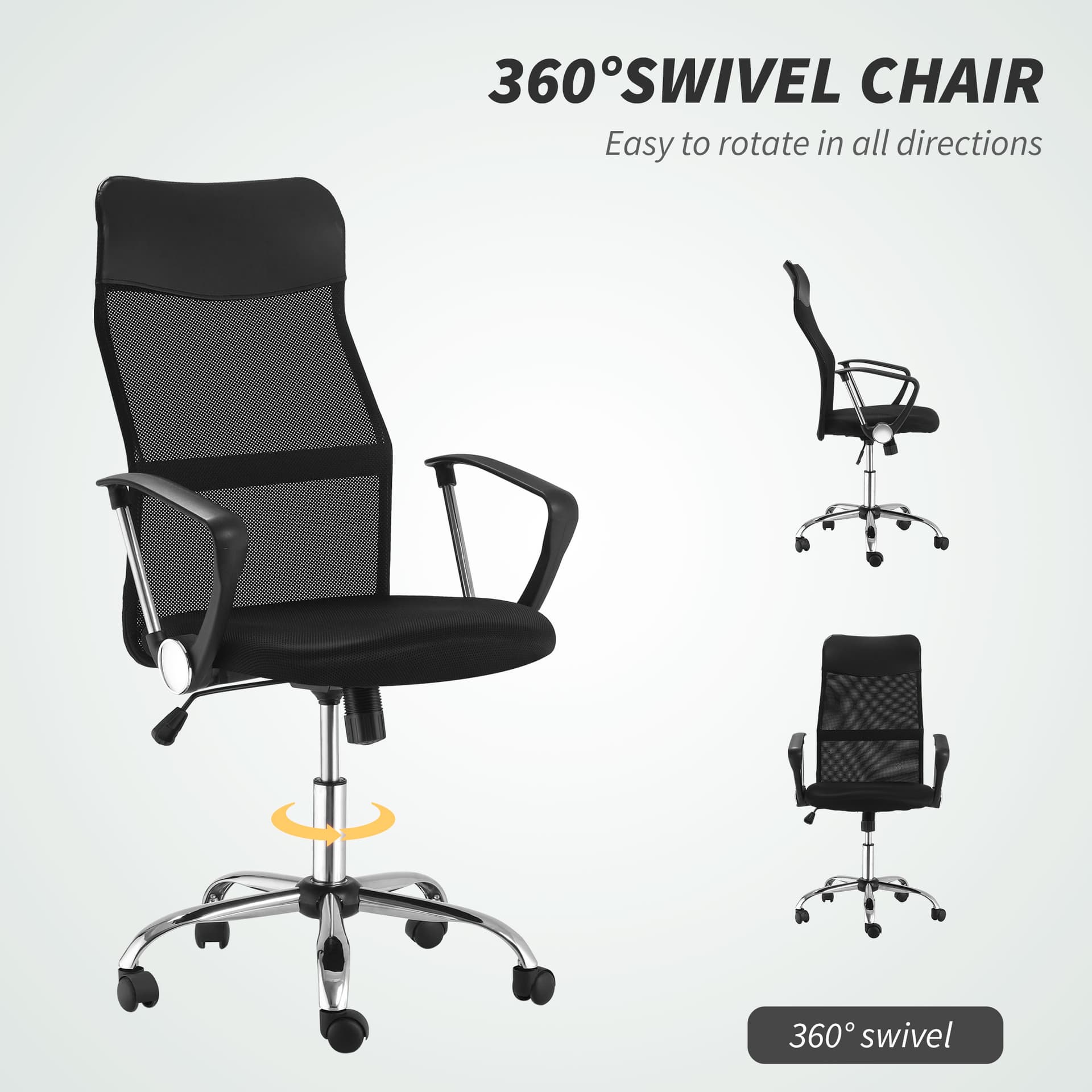Ergonomic Mesh Office Chair, High Back Computer Desk Chair with Adjustable Height, Tilt Function, Armrest, 360° Swivel Office, Black