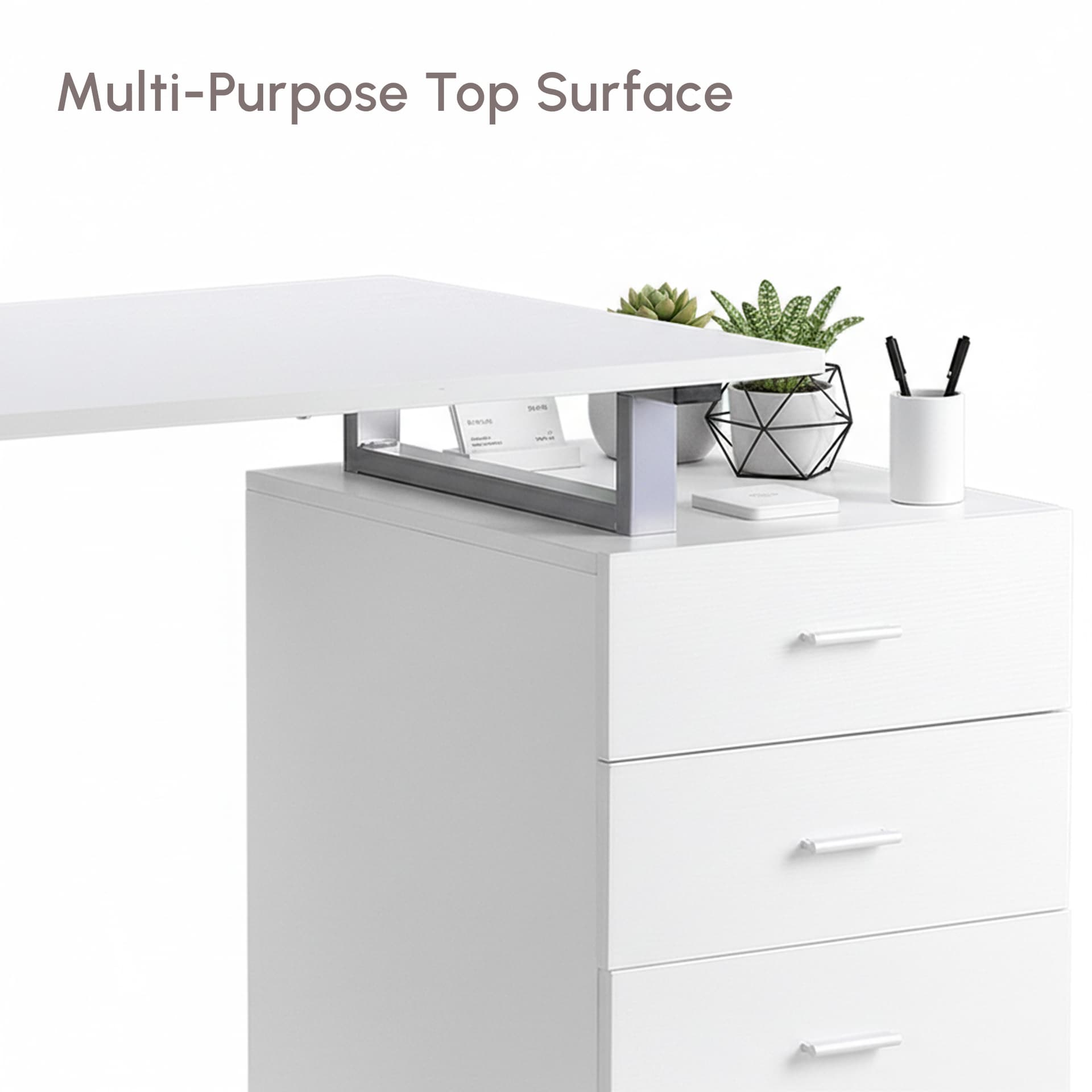 47" Computer Desk Writing Table Workstation with Multi-Use Reversible File Drawers Metal Frame Home Office Furniture, White