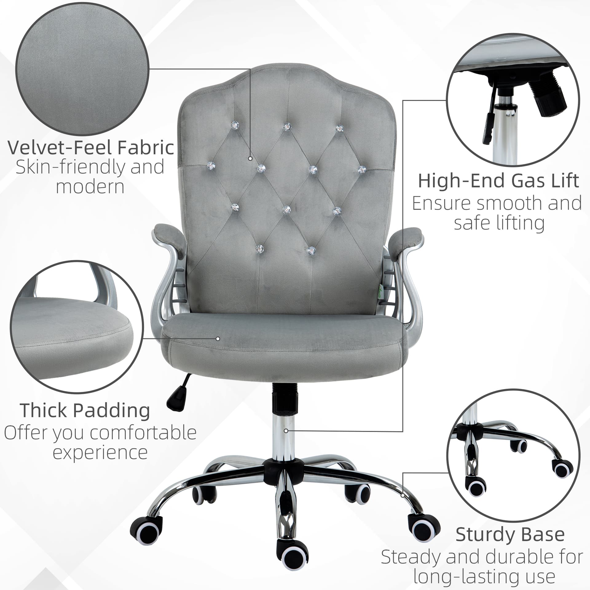 Office Chair, Velvet Computer Desk Chair with Swivel Wheels, Adjustable Height, Tilt Function, Button Tufted, Grey