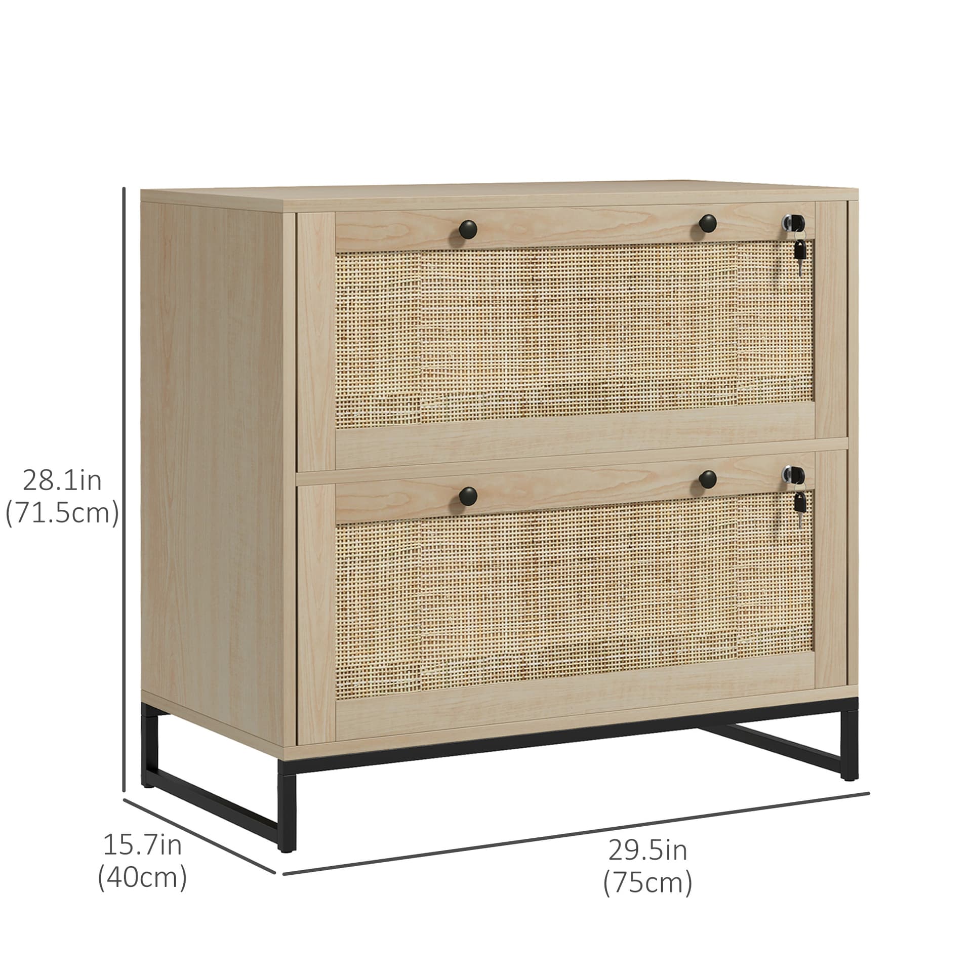 2-Drawer Filing Cabinet with Lock, Rattan File Cabinet with Adjustable Hanging Bar, Natural