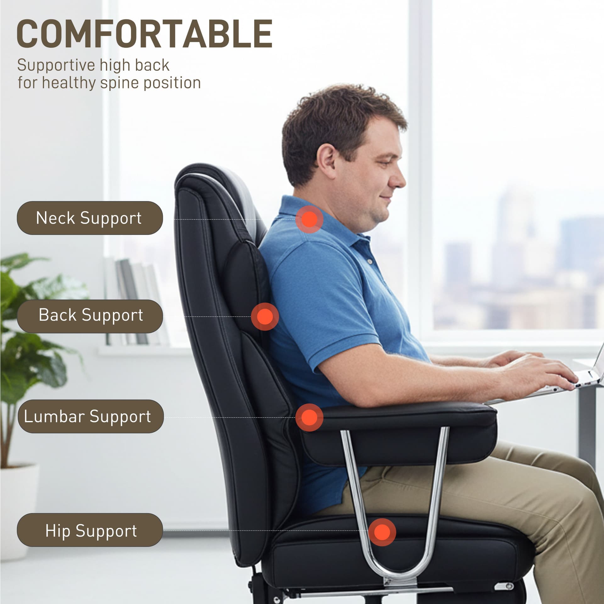 Big and Tall Office Chair, 400 lbs Overstuffed Desk Chair with Shaped Foam, Reclining Backrest, PU Leather