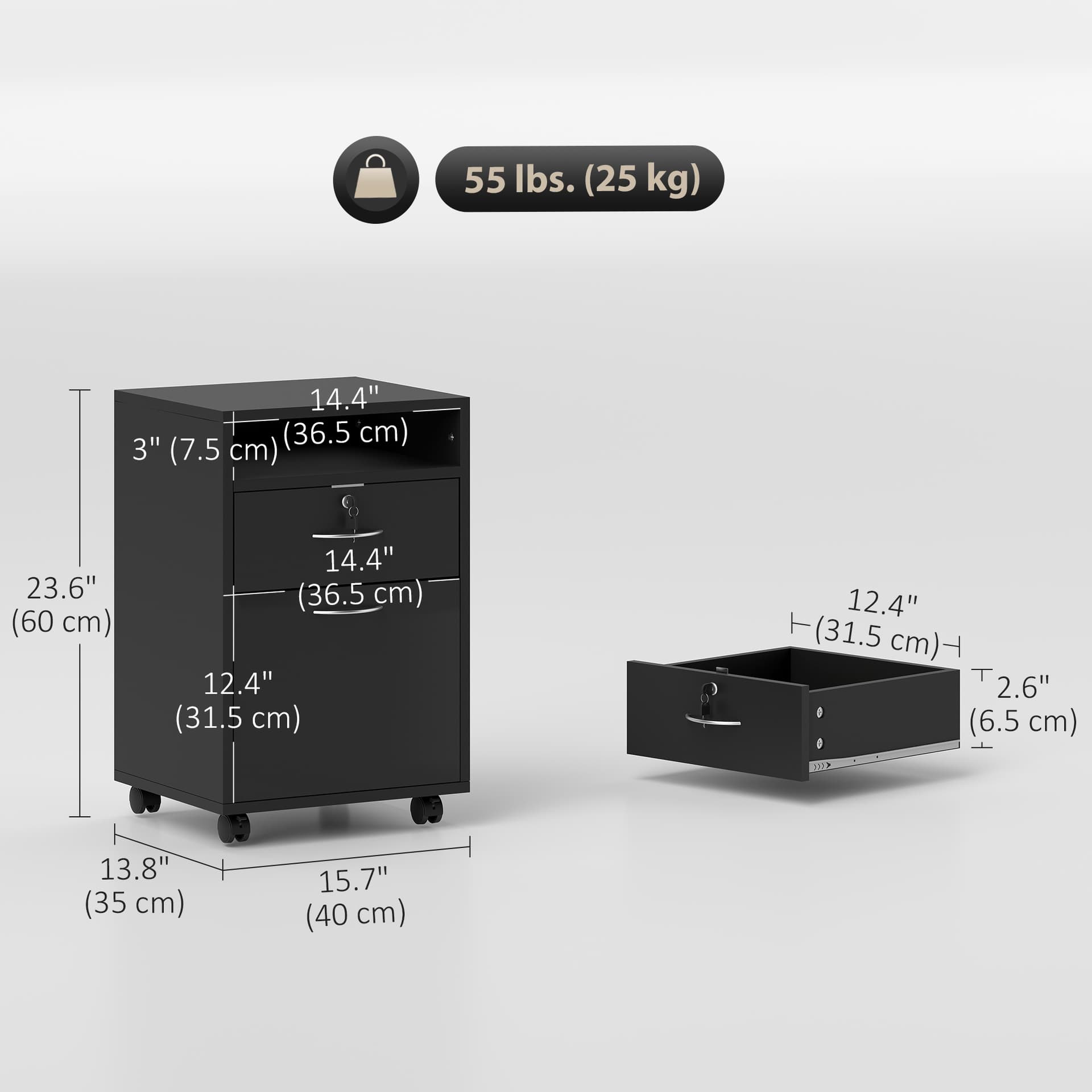 24" Small Filing Cabinet with Open Compartment, Drawer and Wheels, Home Office Storage Cabinet, Black