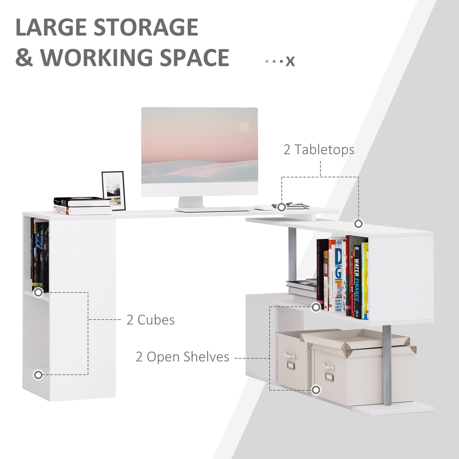 55" Corner Computer Desk, 360° Rotating L-Shaped Desk, Home Office Workstation with 3-Tier Shelves, Bookshelf, White