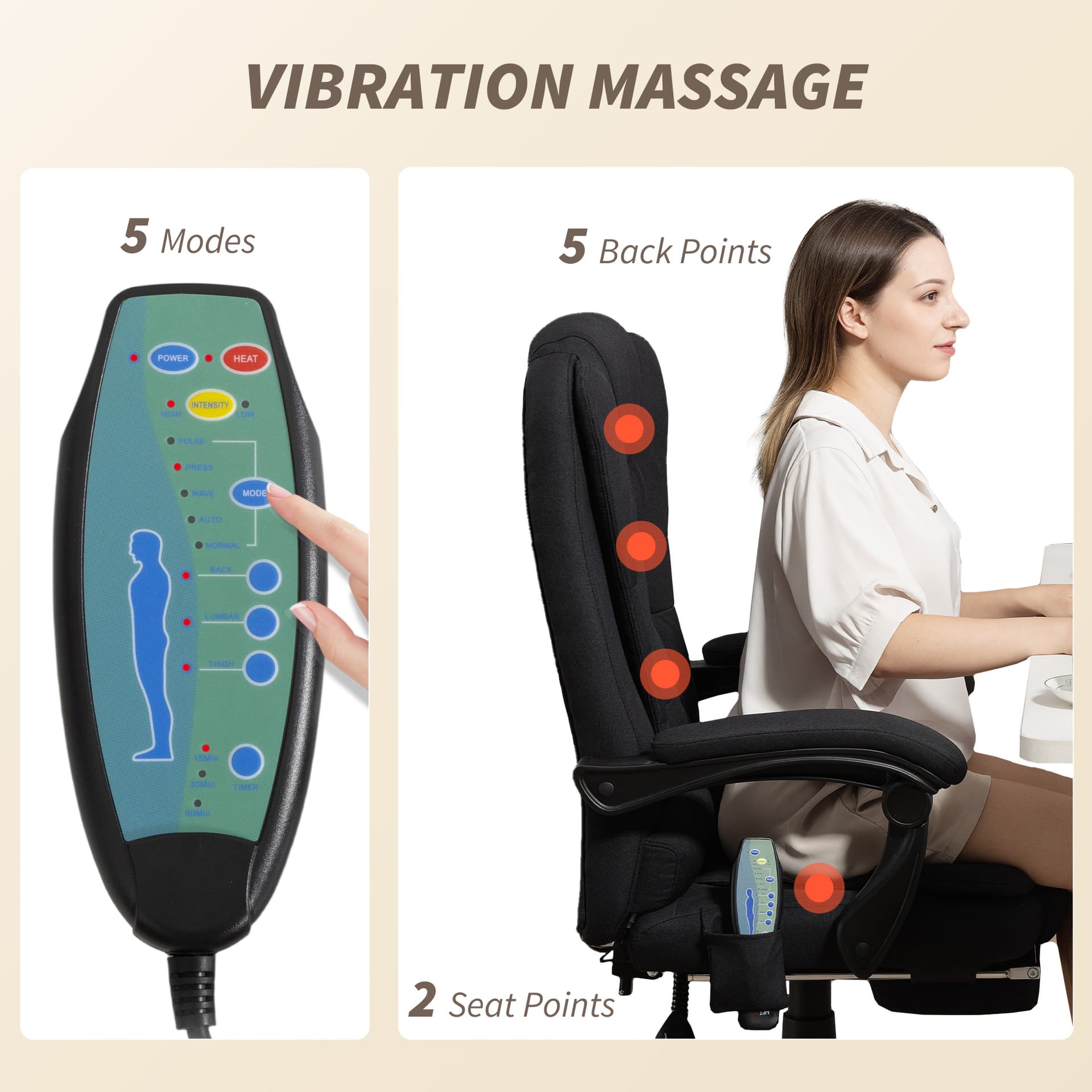 7-Point Vibrating Massage Chair, Reclining Office Chair with Footrest, Reclining Back, Adjustable Height, Black