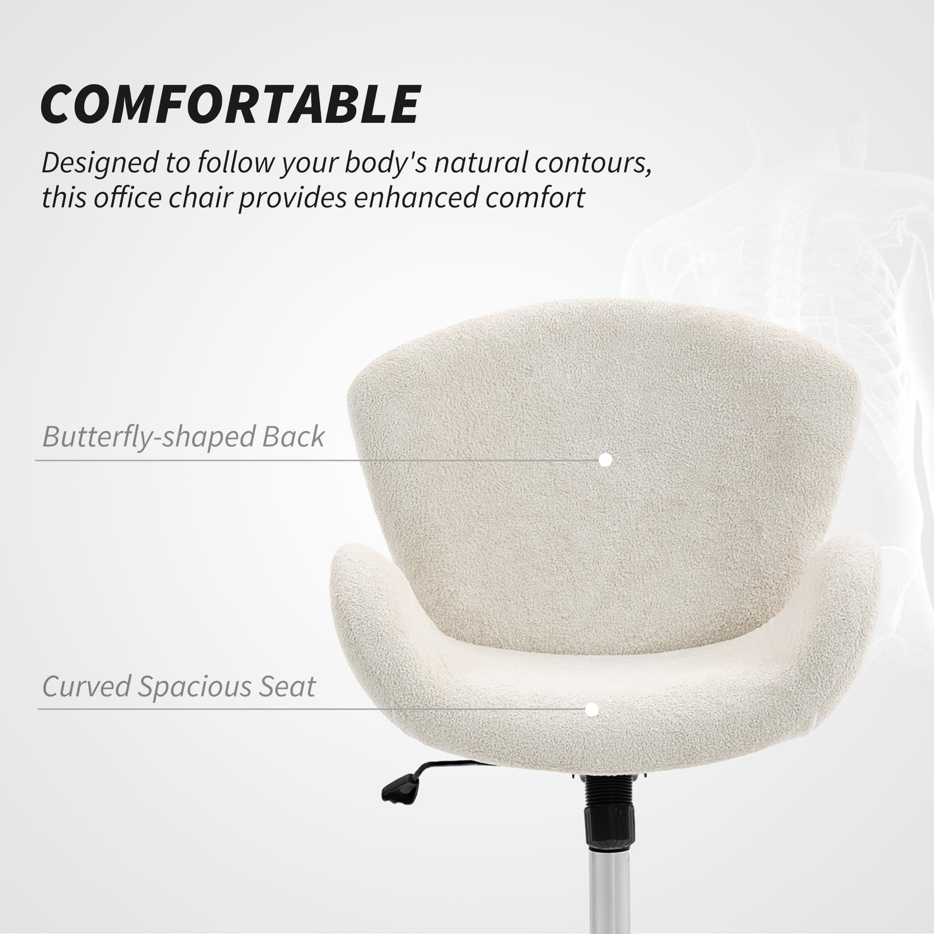 Swivel Office Chair, Velvet Desk Chair with Wide Bucket Seat, Butterfly Back, Tilt Function and Round Base, Cream White