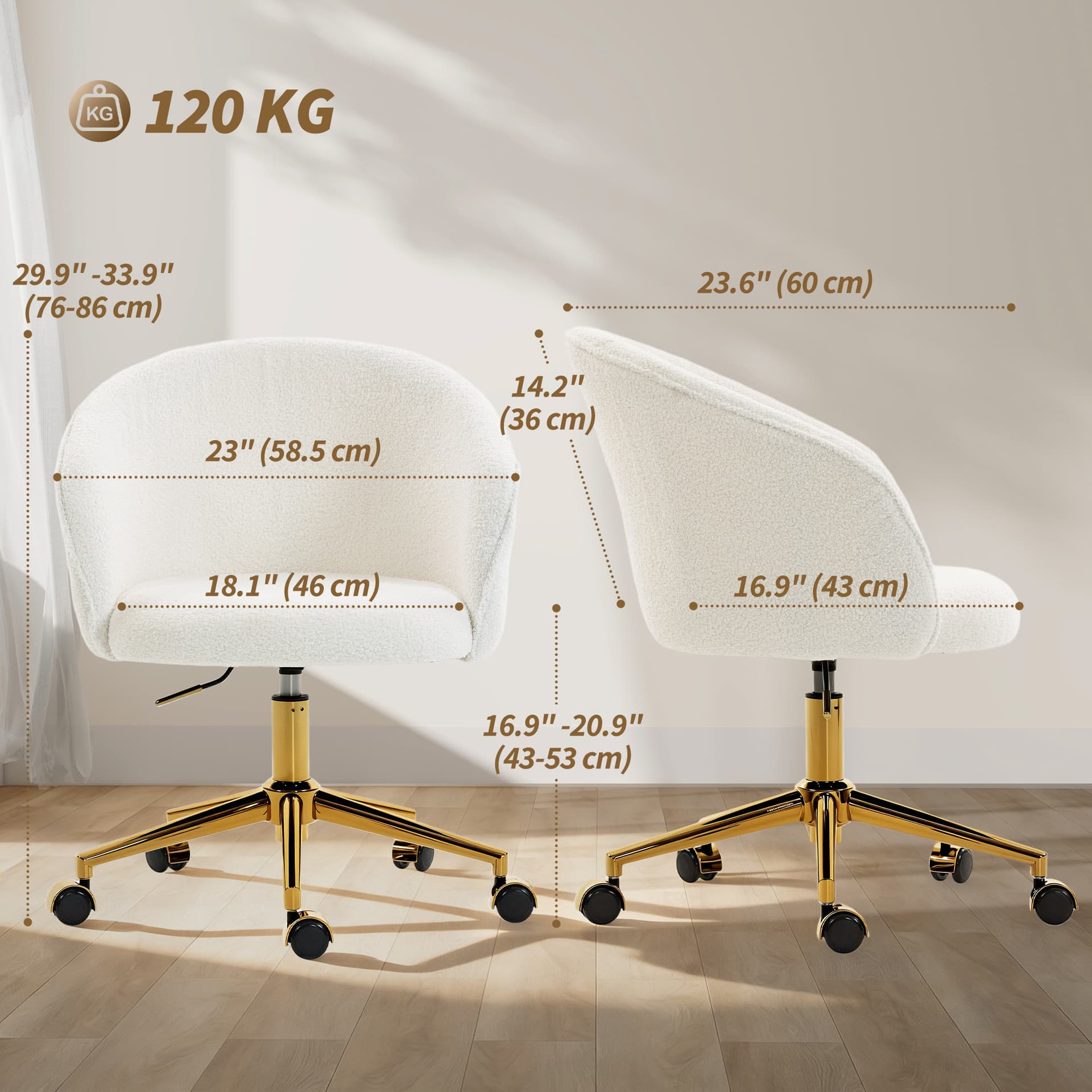 Office Chair, Teddy Fleece Upholstered Vanity Desk Chair, Cream White