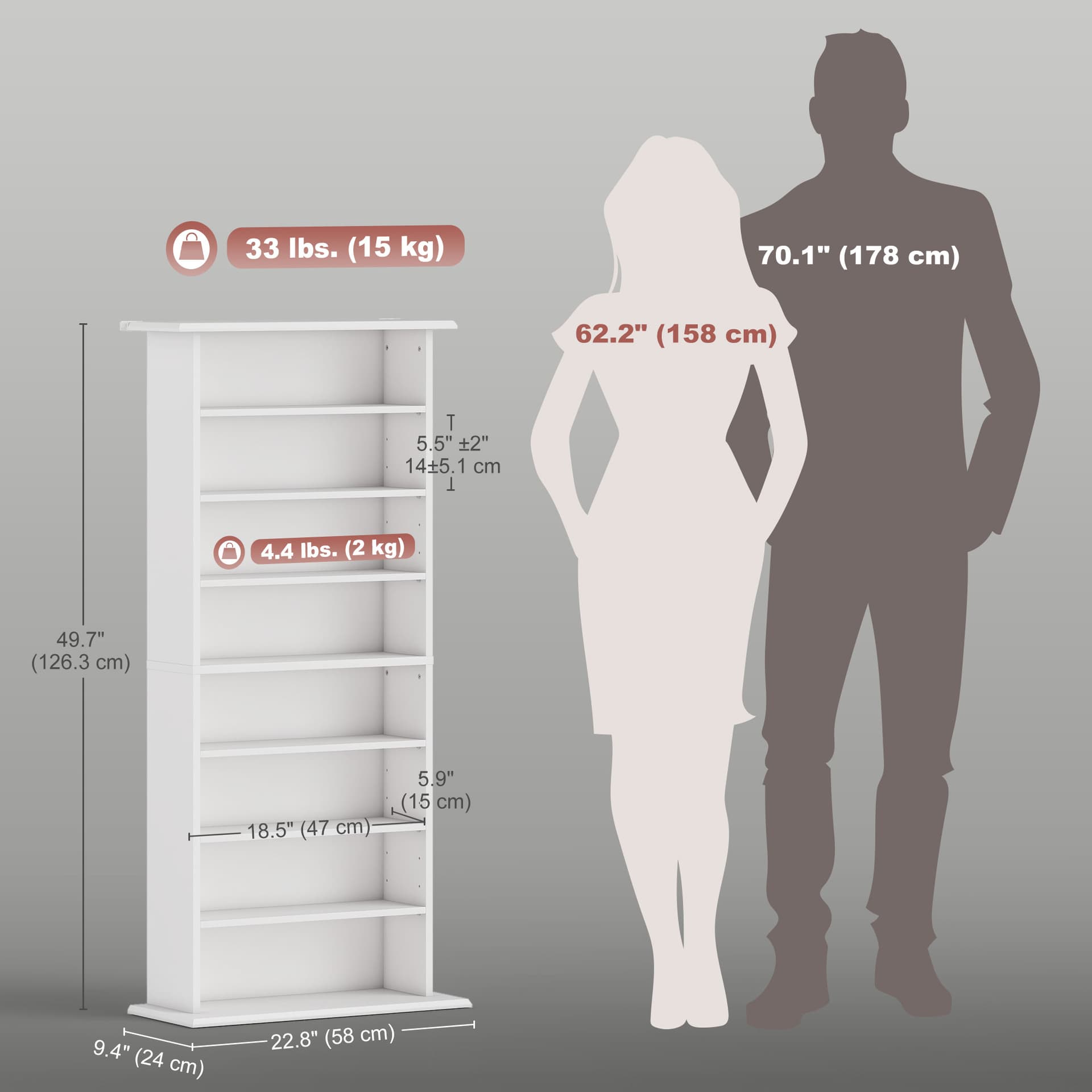 8-Tier DVD Shelf with 6 Adjustable Shelves, Slim CD Shelf, Holds 360 CDs, 185 DVDs or 185 Blu-rays, White