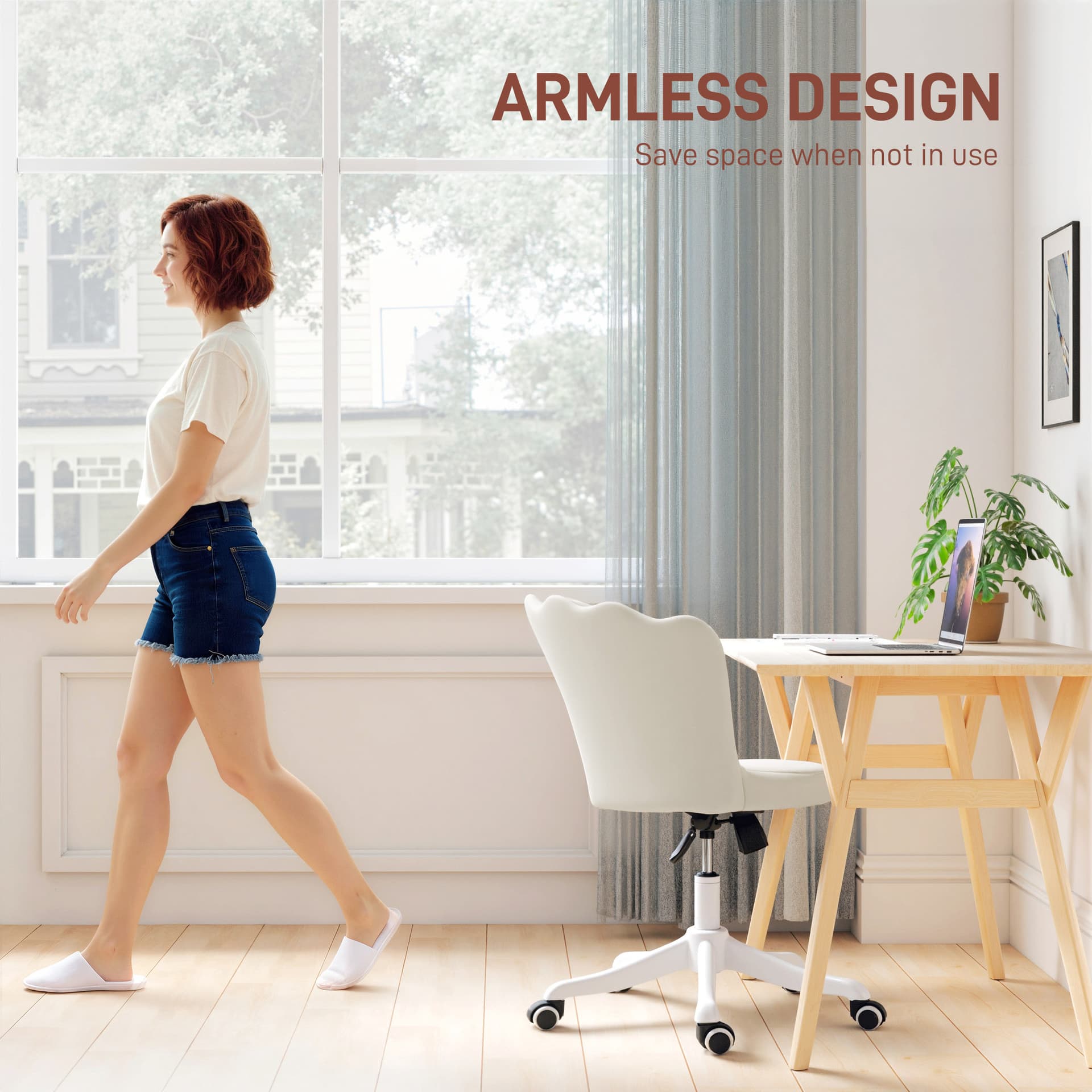 Office Chair, Armless Swivel Desk Chair with Adjustable Height, Backrest, Tilt Function for Office, Vanity, Cream