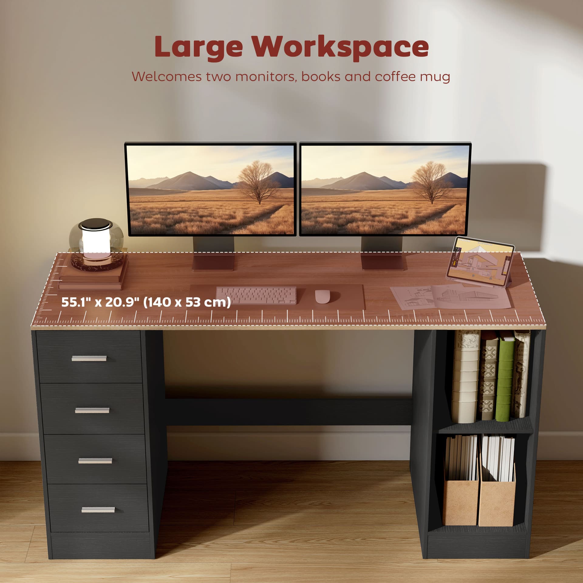 Office Desk, 55" Computer Desk with 4 Reversible Drawers, Mobile PC Stand, Adjustable Shelf, Black Wood Grain