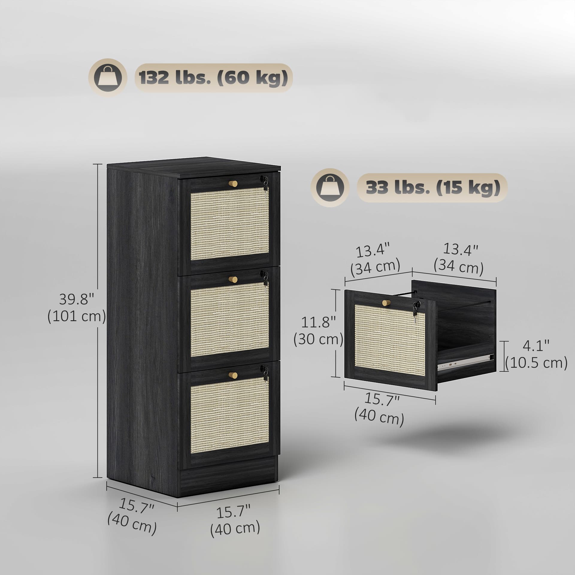 3 Drawer Filing Cabinet with Lock, Boho File Cabinet for A4 Letter Size Files with Decorative Rattan Accents, Black