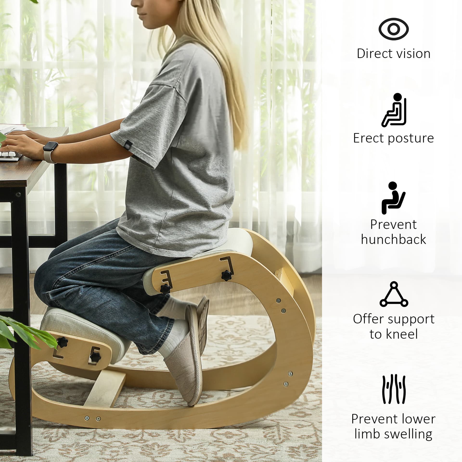 Ergonomic Kneeling Chair, Adjustable Rocking Wood Kneeling Stool, Desk Chair, Improve Posture, Cream White