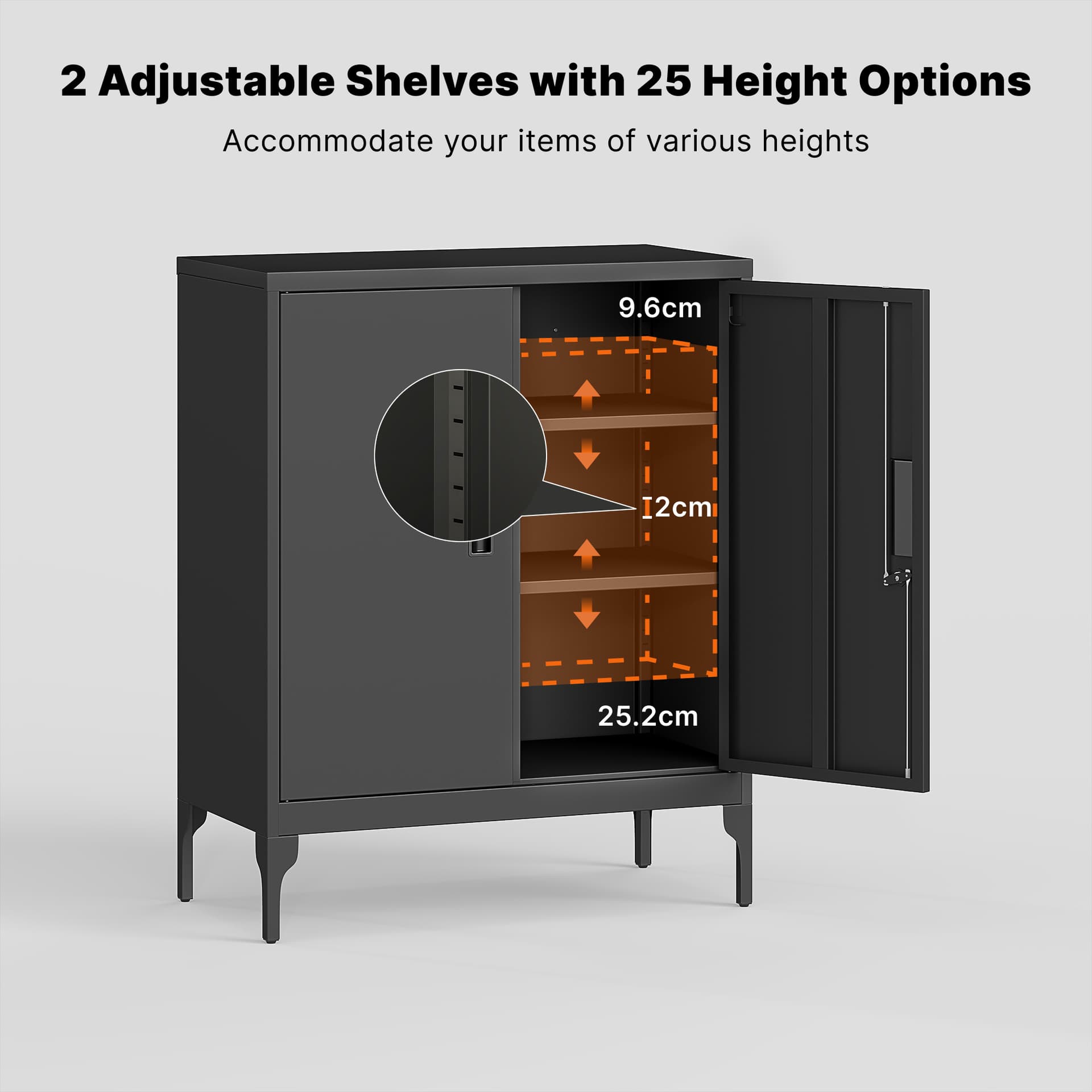 Office Storage Cabinet with Lock, Filing Cabinet with Adjustable Shelves and Doors for Home Office, Garage, Black