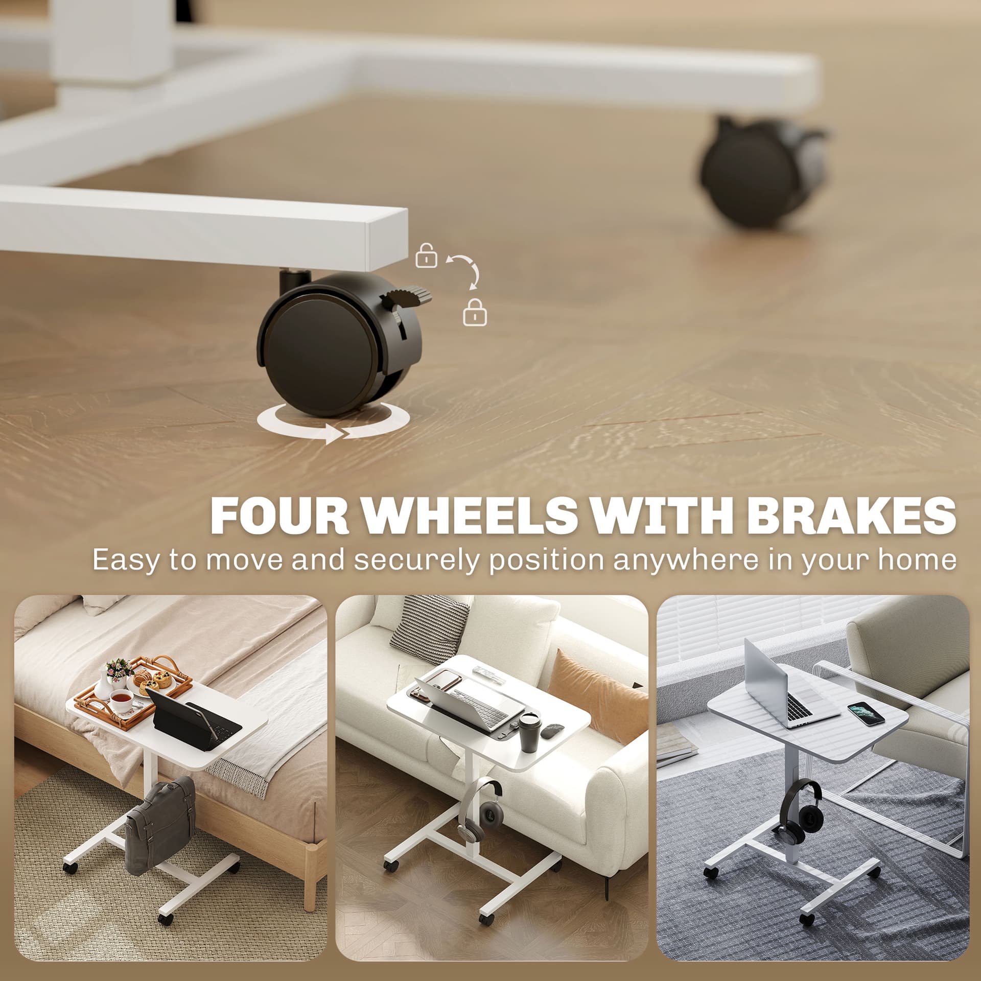 Height Adjustable Standing Desk, Pneumatic Sit Stand Desk with Wheels and Headphone Hook, White Wood Grain - Office Desks & Work Stations - Office Furniture