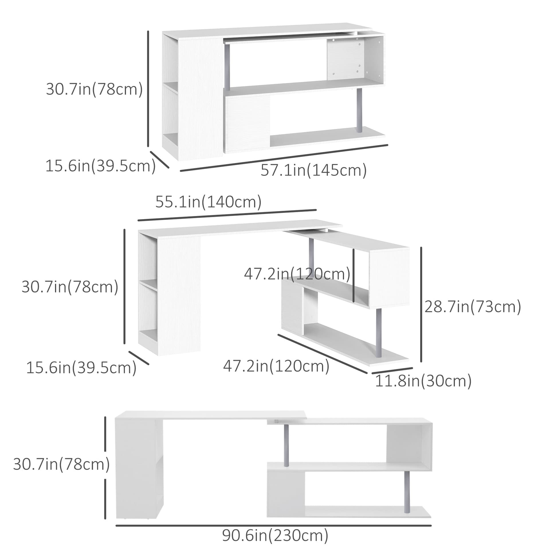 55" Corner Computer Desk, 360° Rotating L-Shaped Desk, Home Office Workstation with 3-Tier Shelves, Bookshelf, White