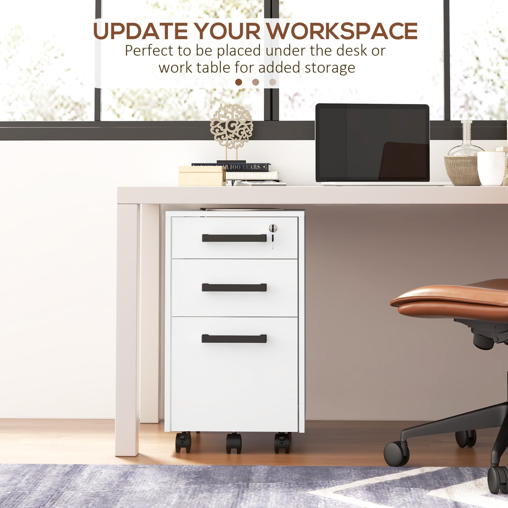 Lockable Vertical File Cabinet with Lock, 3 Drawer Filing Cabinet with Hanging Bars for Letter and A4 Size, White