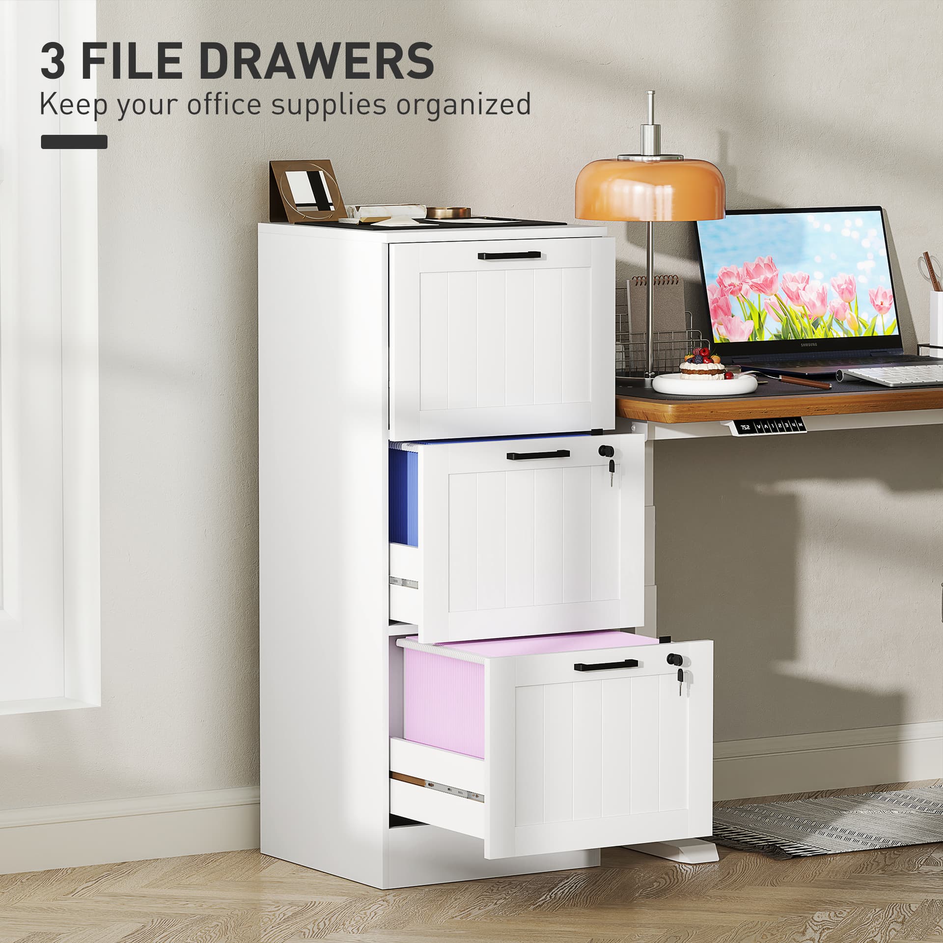 3 Drawer Filing Cabinet with Lock, Office Storage Cabinet with Adjustable Hanging Bars for A4 Letter Size Files, White