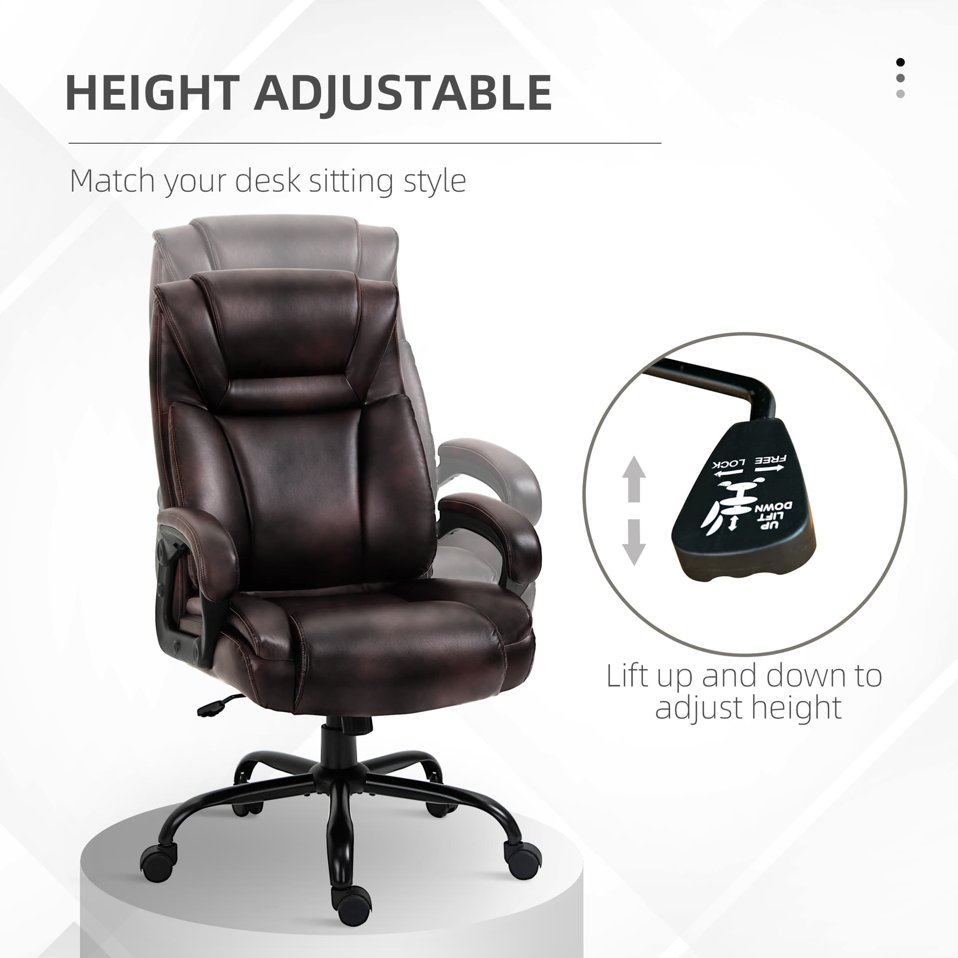 PU Leather Executive Office Chair with High Back, Adjustable Height and Swivel Wheels, 400LBS Capacity, Brown