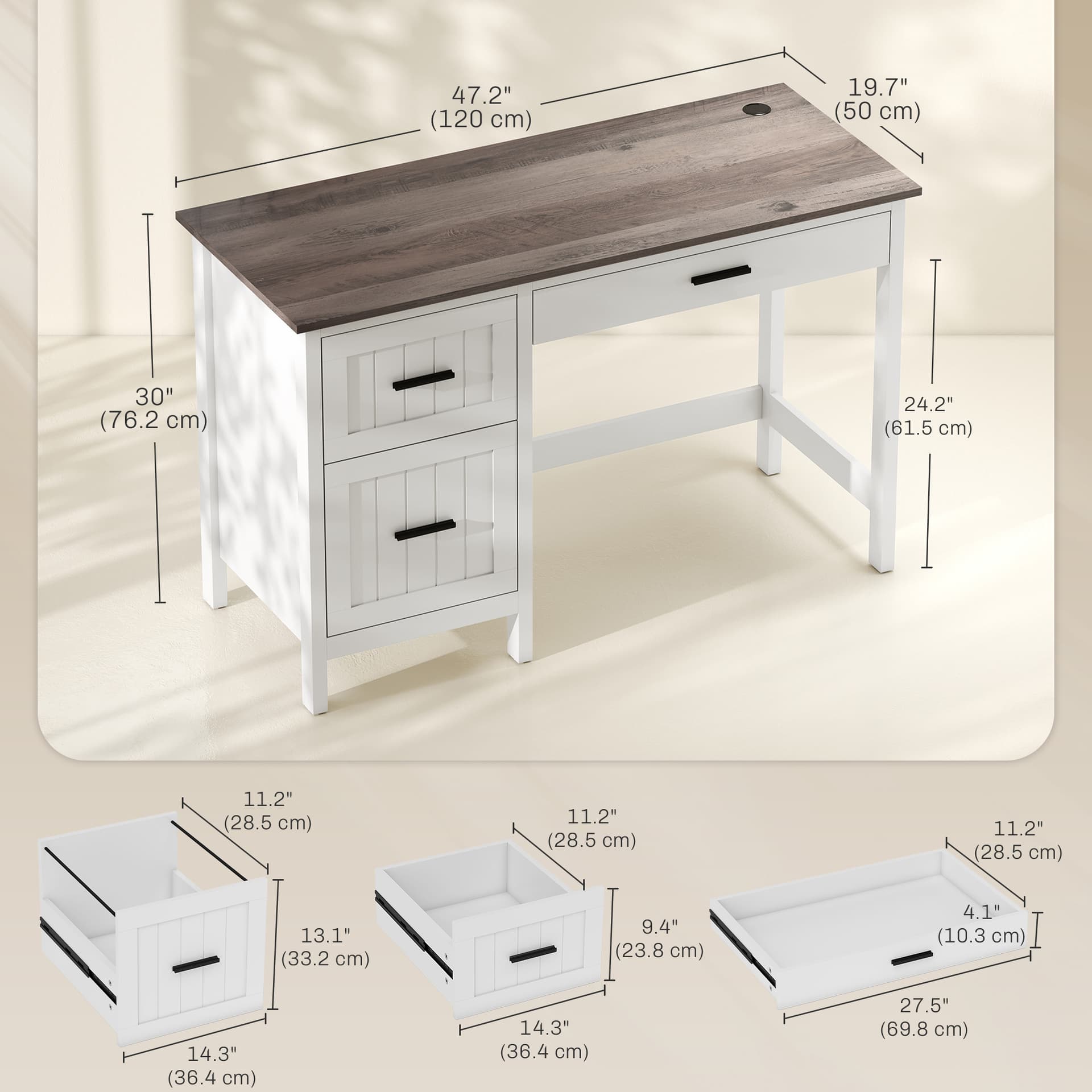 Computer Desk with 3 Drawers, Farmhouse Home Office Desk with File Drawer and Wood Grain Top for Small Spaces, White