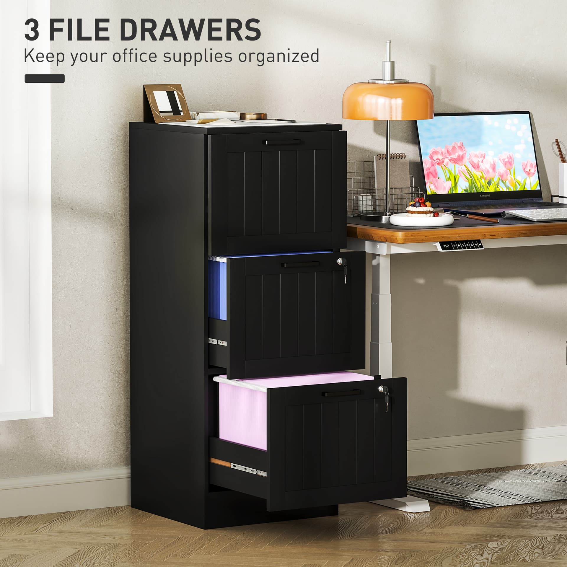 3 Drawer Filing Cabinet with Lock, Office Storage Cabinet with Adjustable Hanging Bars for A4 Letter Size Files, Black