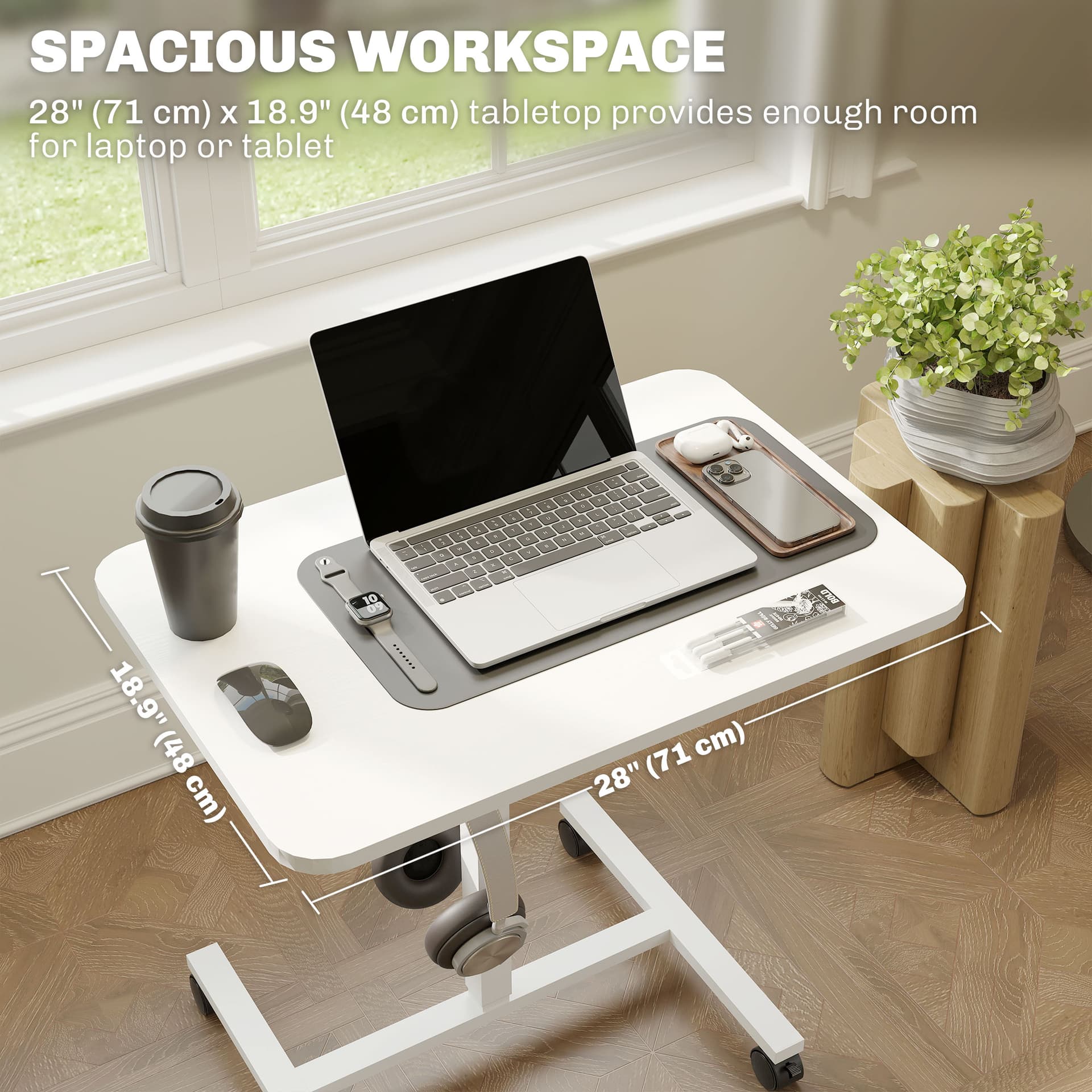 Height Adjustable Standing Desk, Pneumatic Sit Stand Desk with Wheels and Headphone Hook, White Wood Grain - Office Desks & Work Stations - Office Furniture