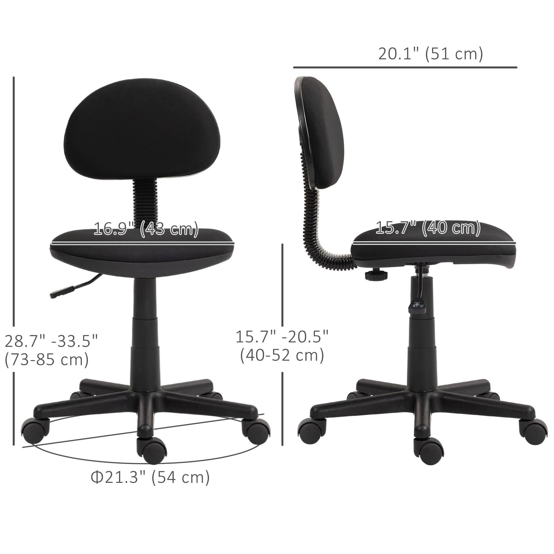 Small Desk Chair, Armless Office Chair with Adjustable Height, 360° Swivel Wheels, Low Back for Small Spaces, Black