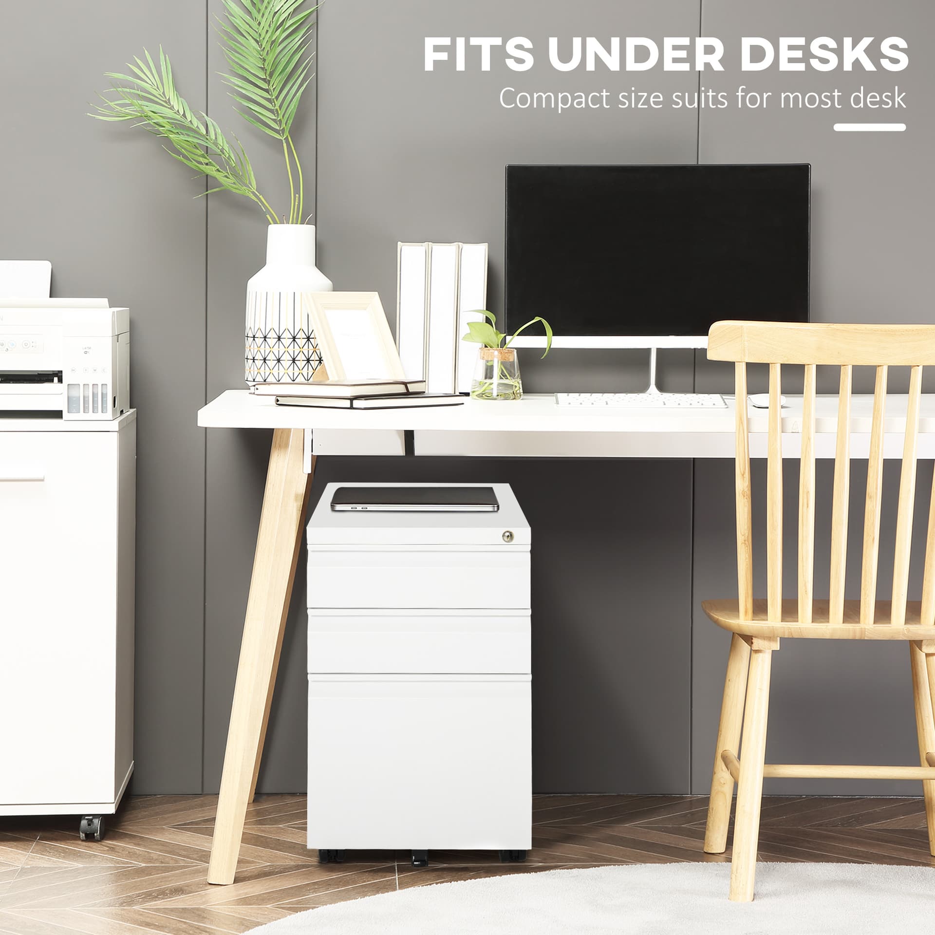 3 Drawer Filing Cabinet, Lockable Office Storage Cabinet on Wheels for Legal, Letter, A4 Files, White