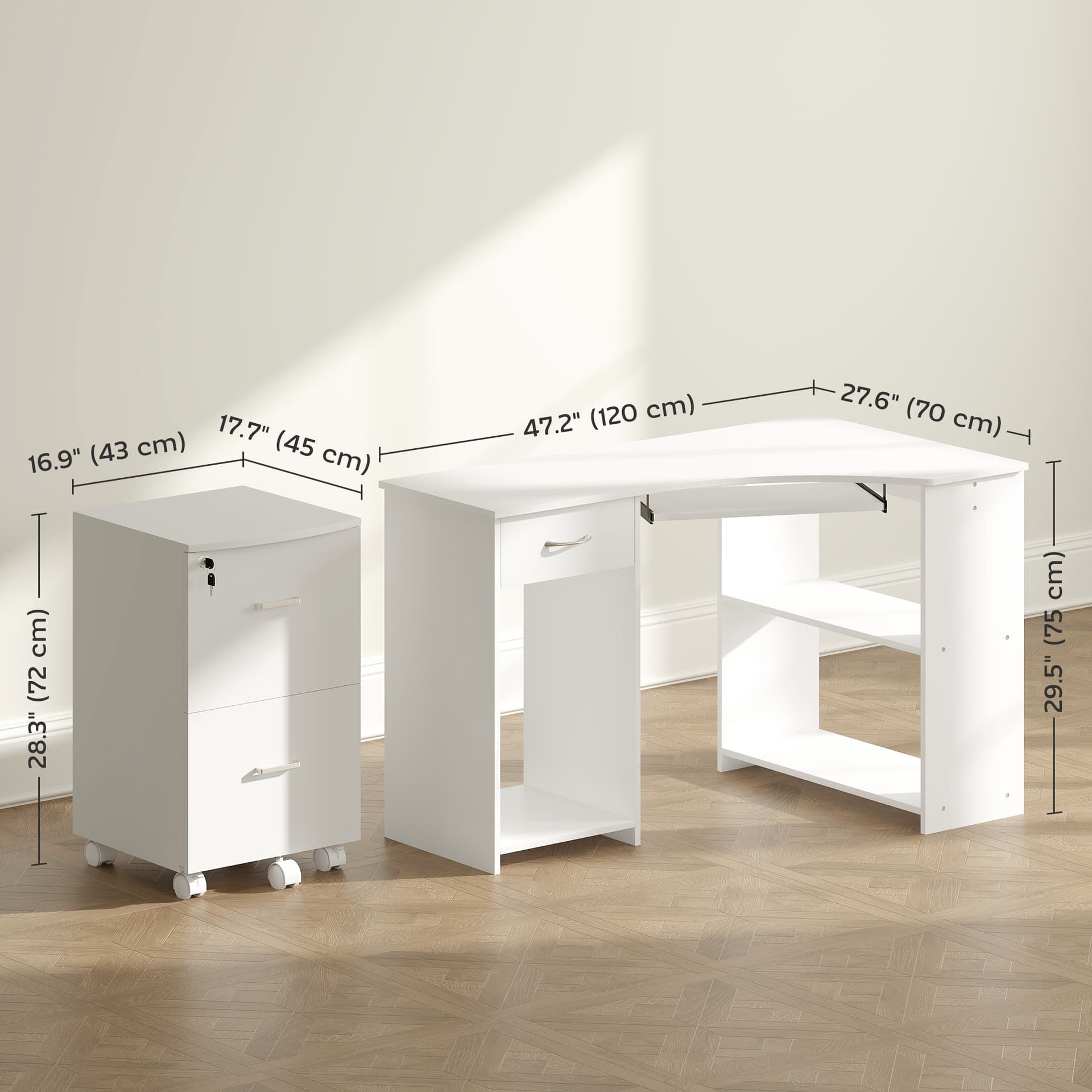 L-Shaped Computer Desk and File Cabinet Set for Bedroom, White