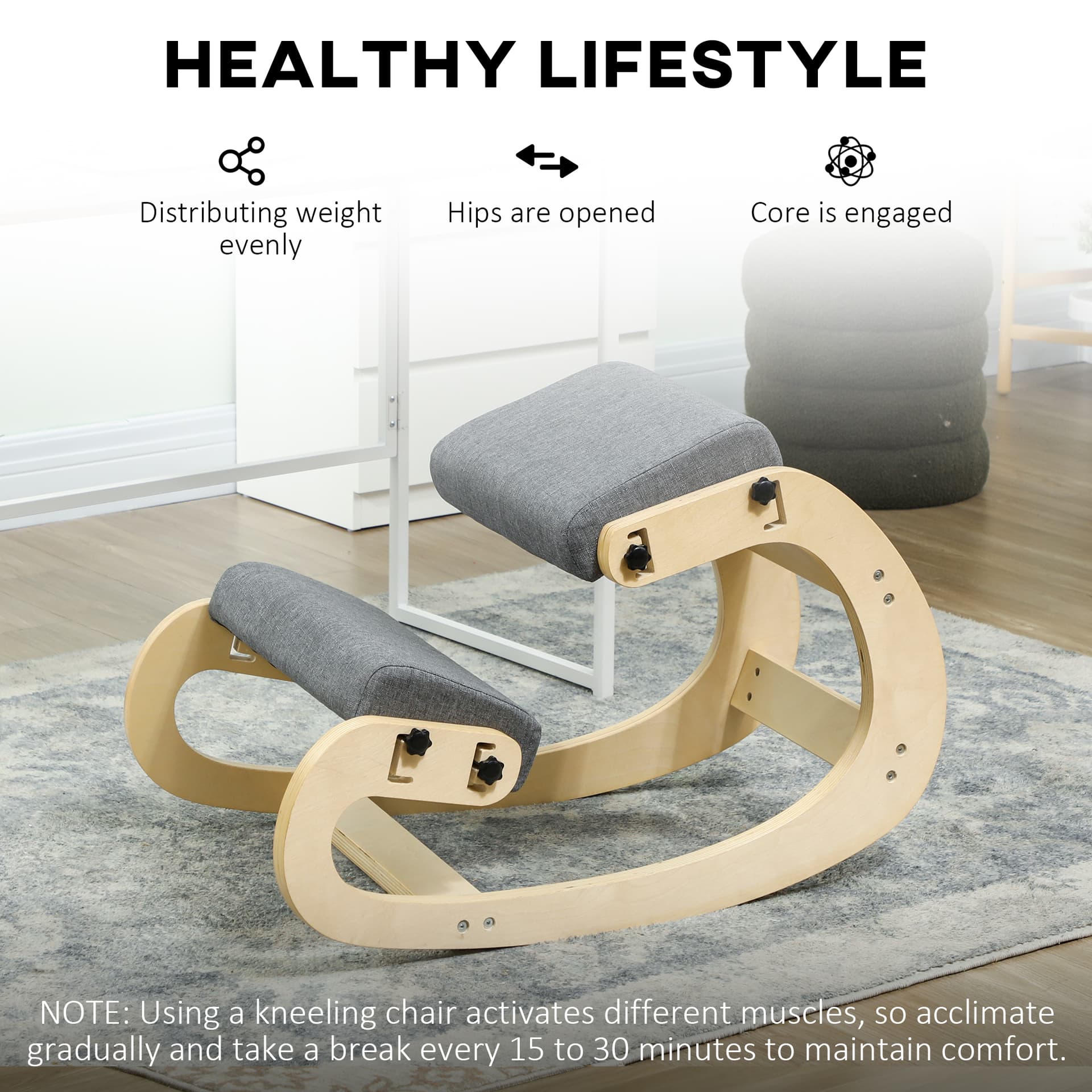 Ergonomic Kneeling Chair, Adjustable Rocking Wood Kneeling Stool, Desk Chair, Improve Posture, Grey