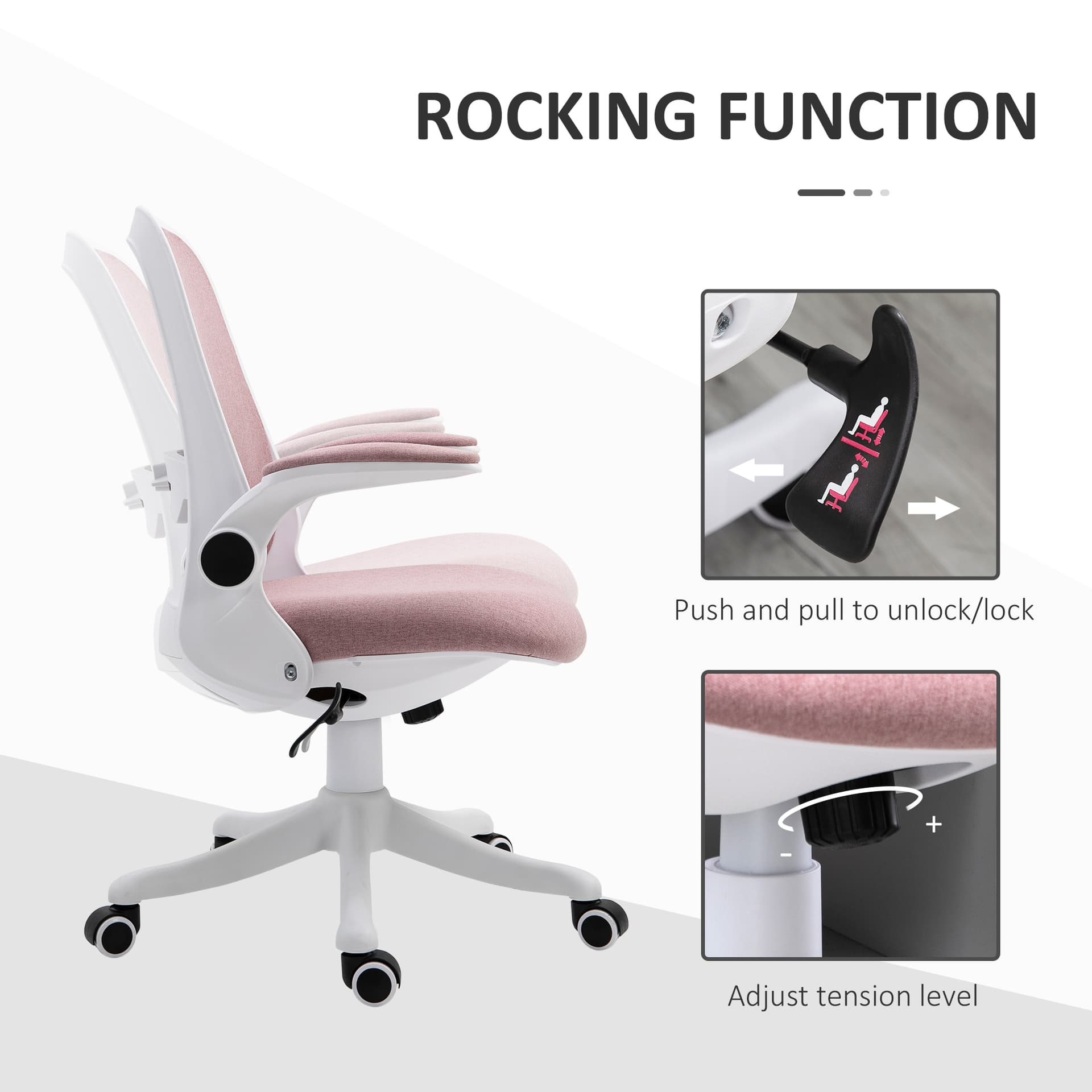 360° Swivel Office Chair Task Chair, Breathable Fabric Computer Chair with Flip-up Arms and Adjustable Height, Pink