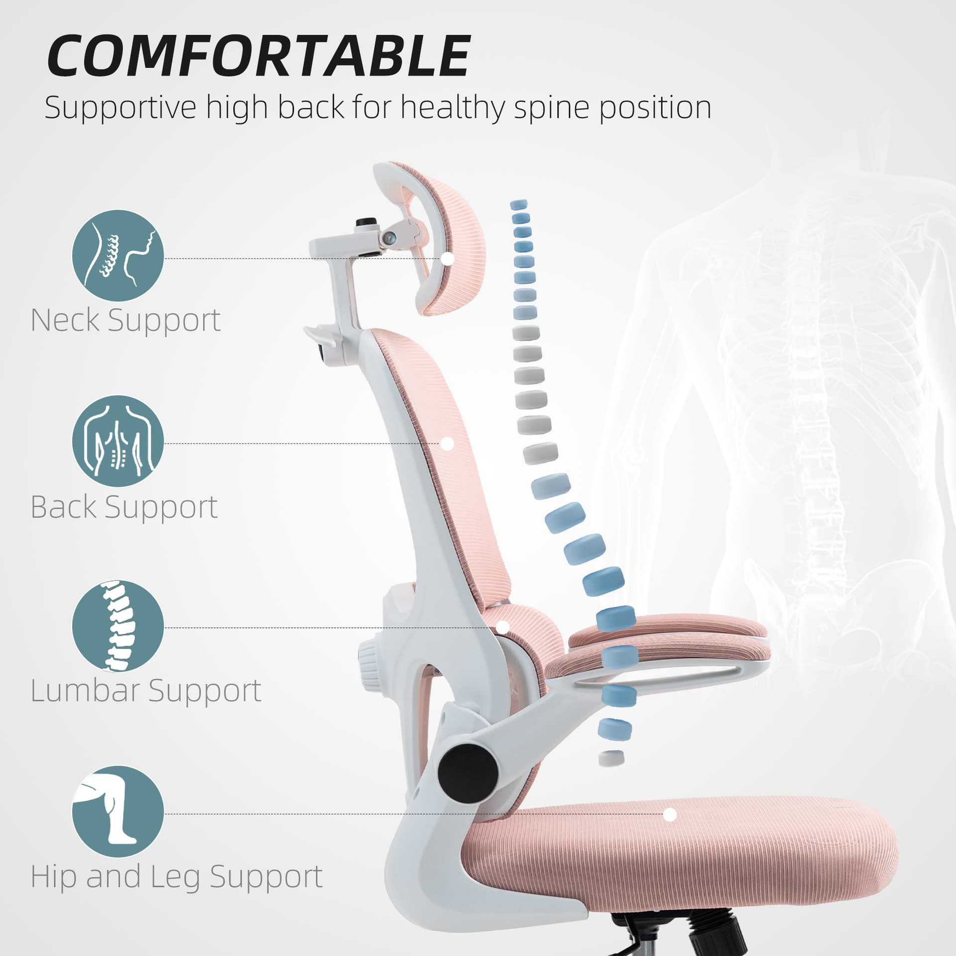 Mesh Office Chair, Ergonomic Desk Chair with Flip-up Armrest, Rotatable Headrest, Adjustable Lumbar Support, Pink