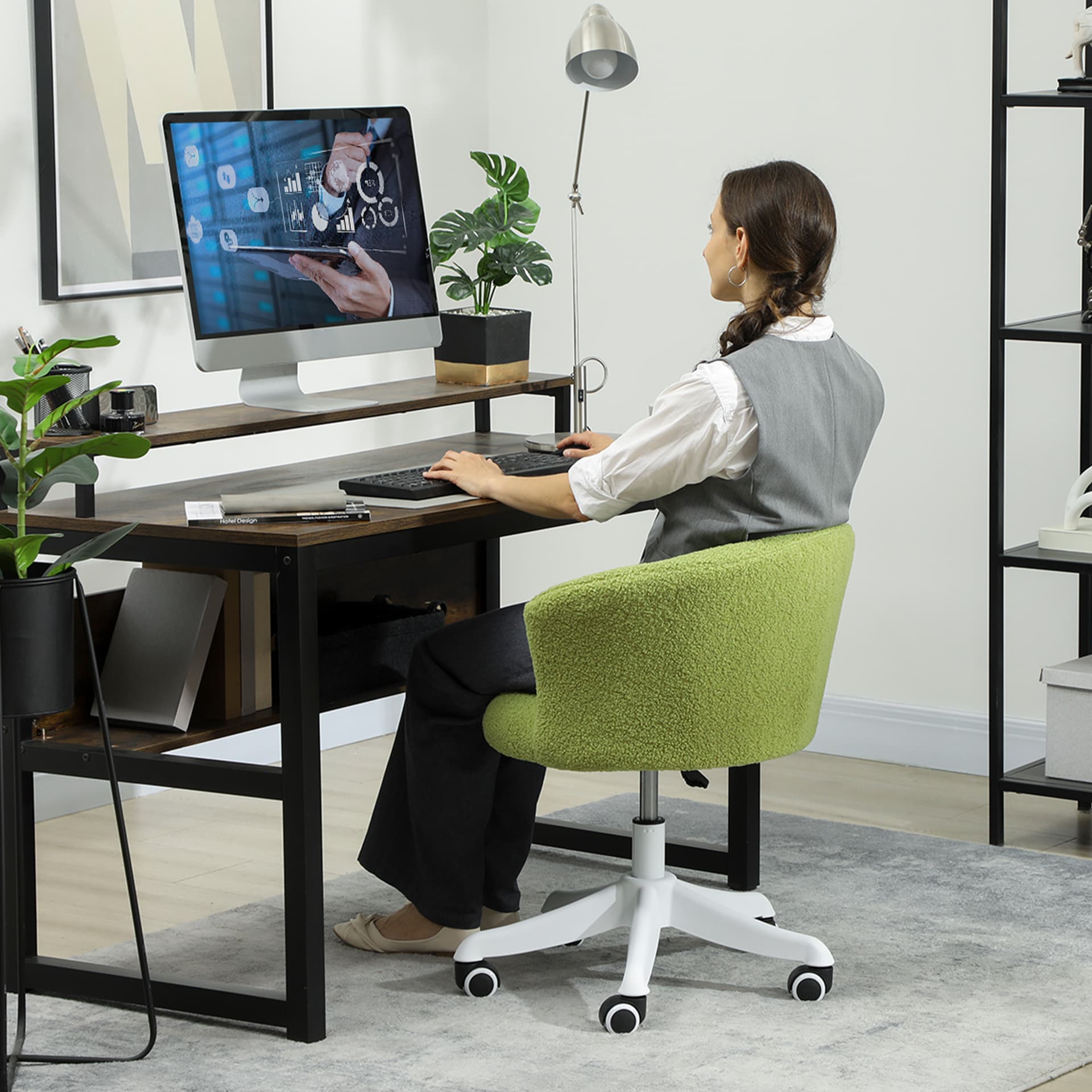 Armless Office Chair, Fluffy Computer Desk Chair with Adjustable Height, Swivel Wheels, Mid Back, Light Green