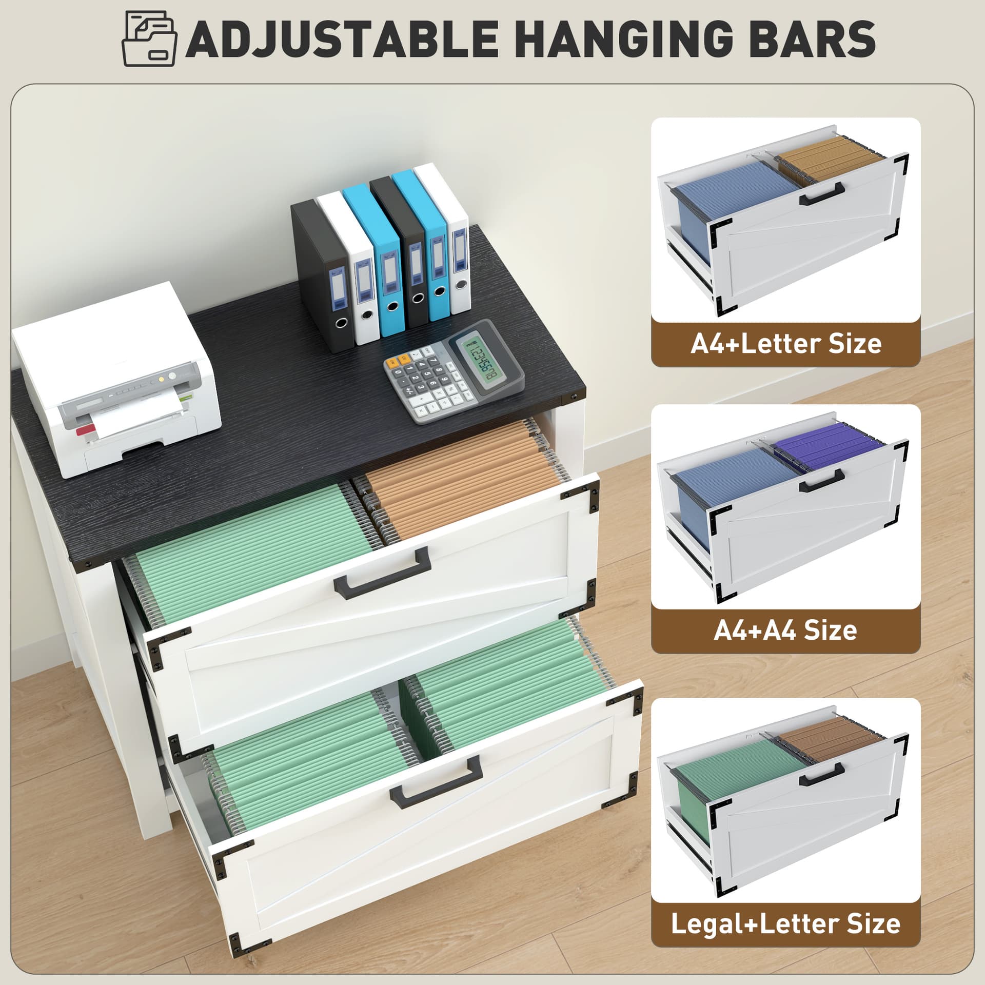 2 Drawer Filing Cabinet, Farmhouse Office Storage Cabinet with Adjustable Hanging Bars for Letter, A4, Legal Size, White