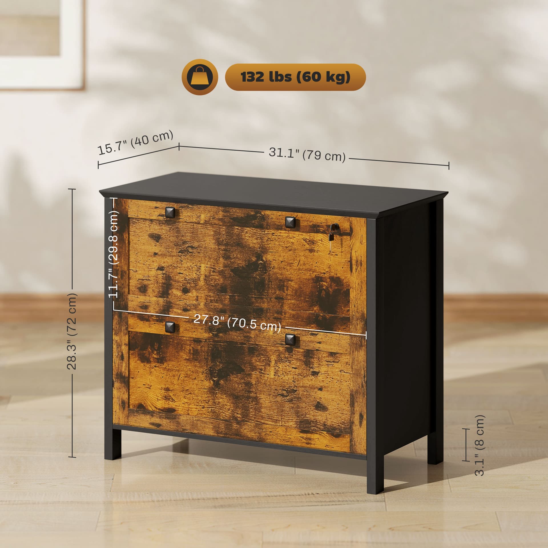 2 Drawer File Cabinet, Lockable Filing Cabinet with Adjustable Hanging Bar for Letter, A4 Size, Rustic Brown