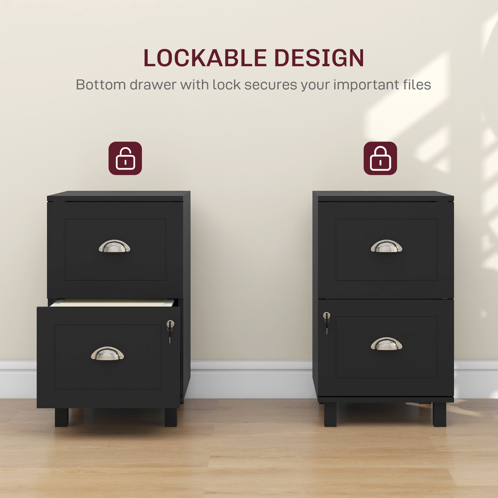 2-Drawer Small Filing Cabinet Lockable Home Office Storage Cabinet with Adjustable Hanging Bars for A4 Letter Black