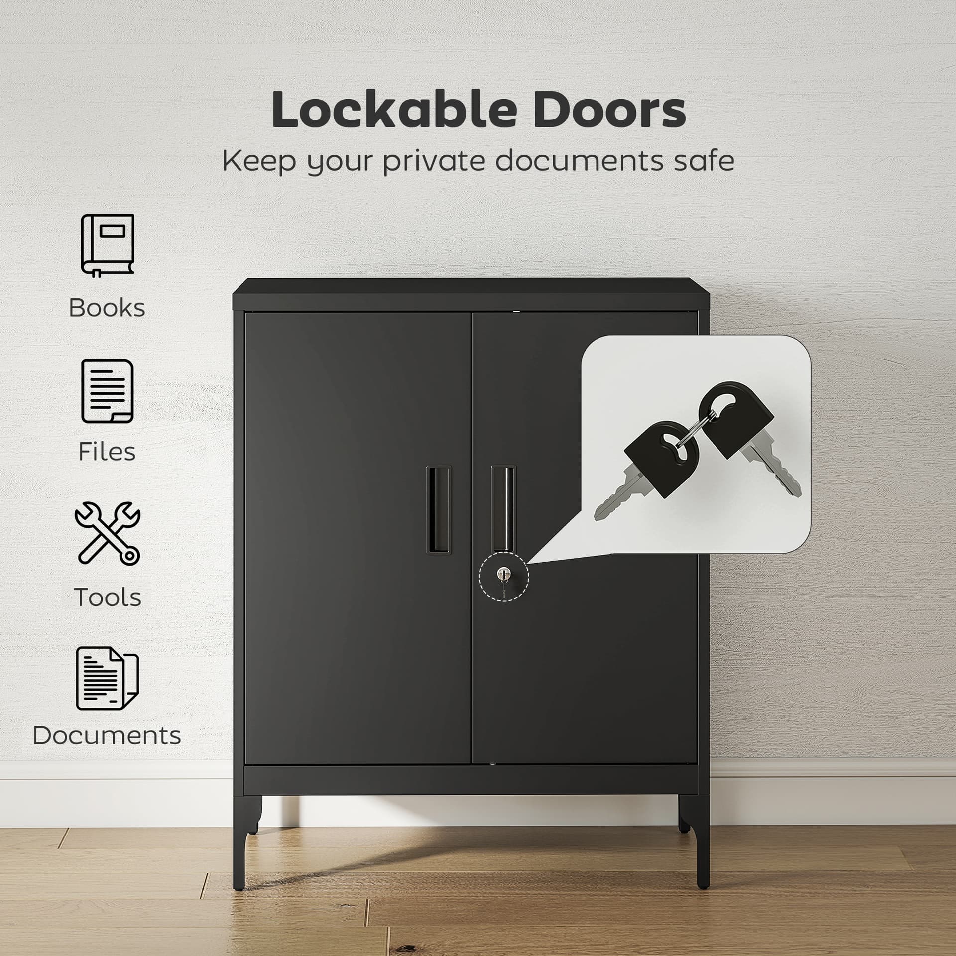 Office Storage Cabinet with Lock, Filing Cabinet with Adjustable Shelves and Doors for Home Office, Garage, Black